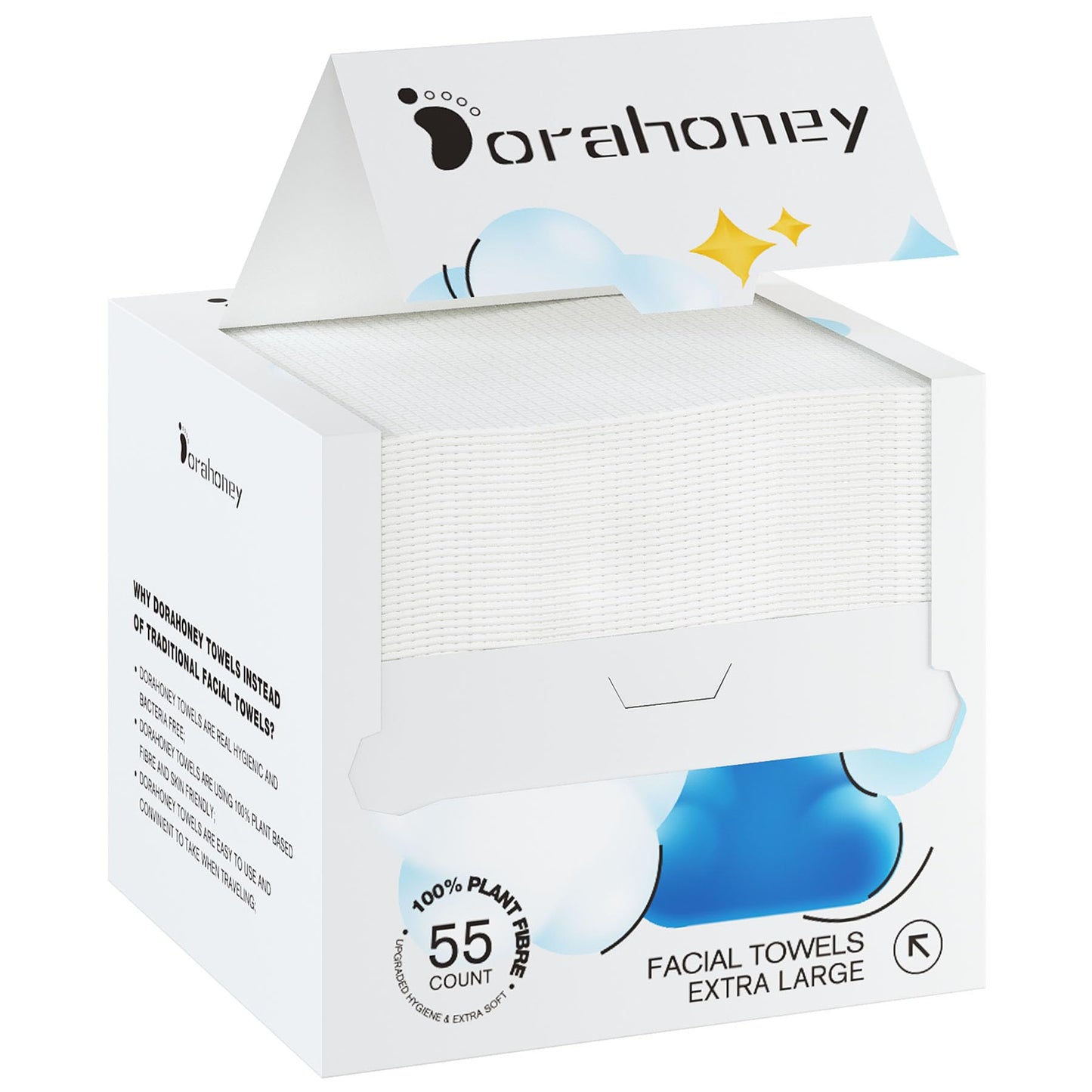 Dorahoney Disposable Face Towels 12"x12" – Ultra Soft, Extra Large Facial Wipes for Sensitive Skin & Makeup Removal, 55 Count