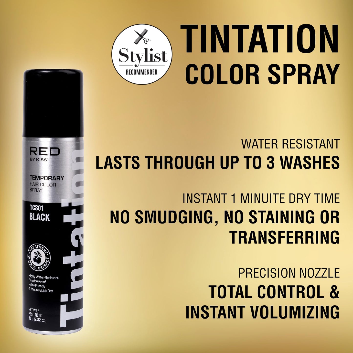 Red by Kiss Tintation Temporary Hair Color Spray Black 2.82oz | Instant Gray Root Touch-Up | Water-Resistant, Smudge-Proof, Quick-Dry, Easy Wash Out
