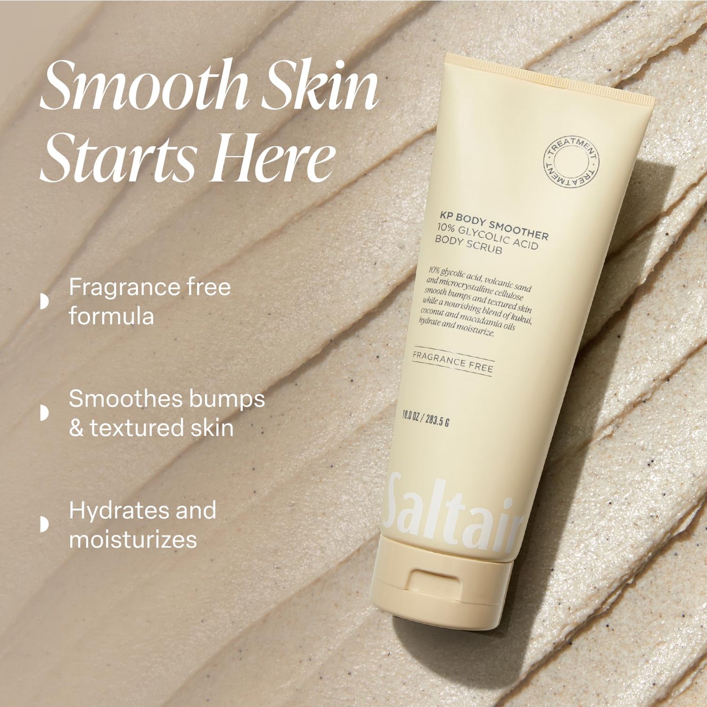 Saltair KP Body Scrub 10% Glycolic Acid with Volcanic Sand & Plant Moisturizers – Fragrance-Free Exfoliator for Rough Skin, 10oz