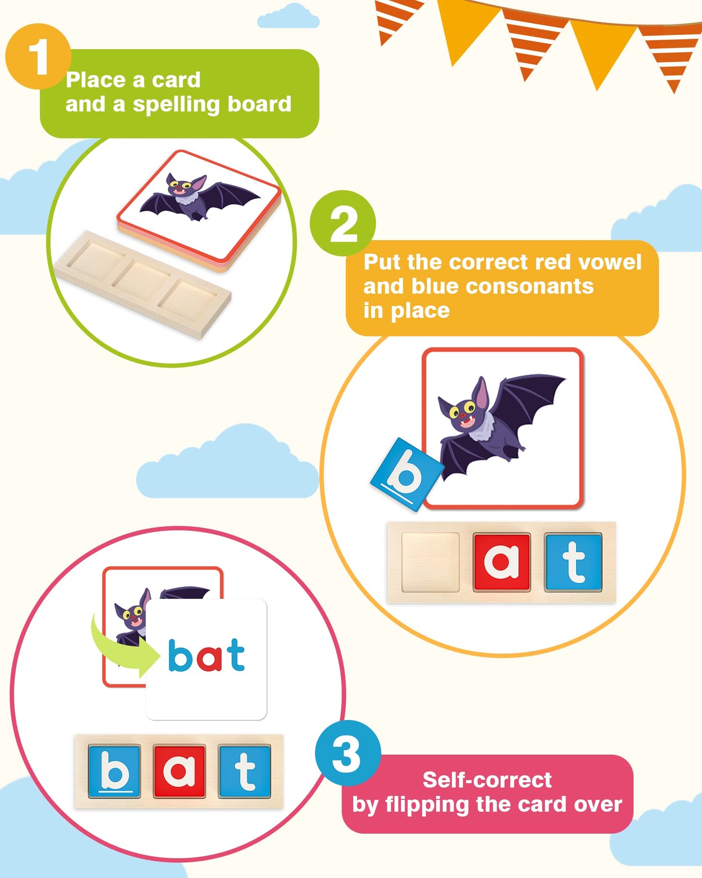 Gojmzo Wooden CVC Word Spelling Game – Montessori Learning Toy & Sight Word Flash Cards for Preschool Kids Ages 3-6