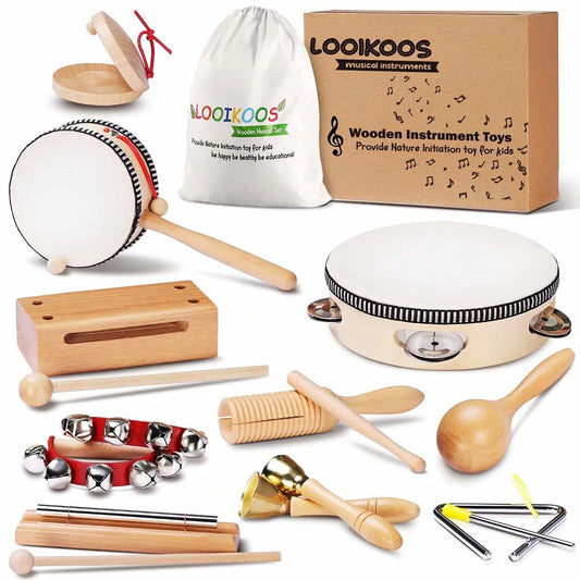 LOOIKOOS Montessori Wooden Musical Instruments for Toddlers – Educational Percussion Toy Set with Storage Bag for Kids