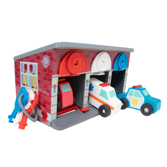 Melissa & Doug Toy Keys and Cars Wooden Rescue Vehicles and Garage (7 pcs) Toddler Pull Back Toys, Toy Garage for Kids Ages 3+