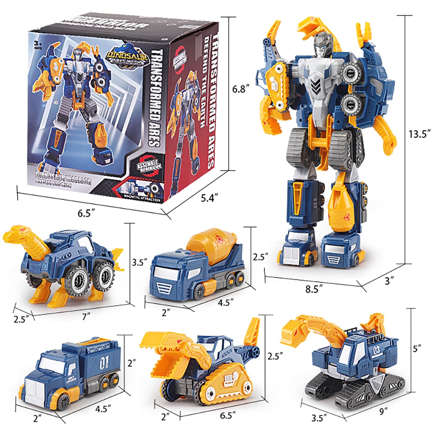 Toddler Construction Car Transform Set - 5PCS Dinosaur Rescue Robots with Magnetic Connectors, DIY STEM Trucks Toy for Kids 3-7