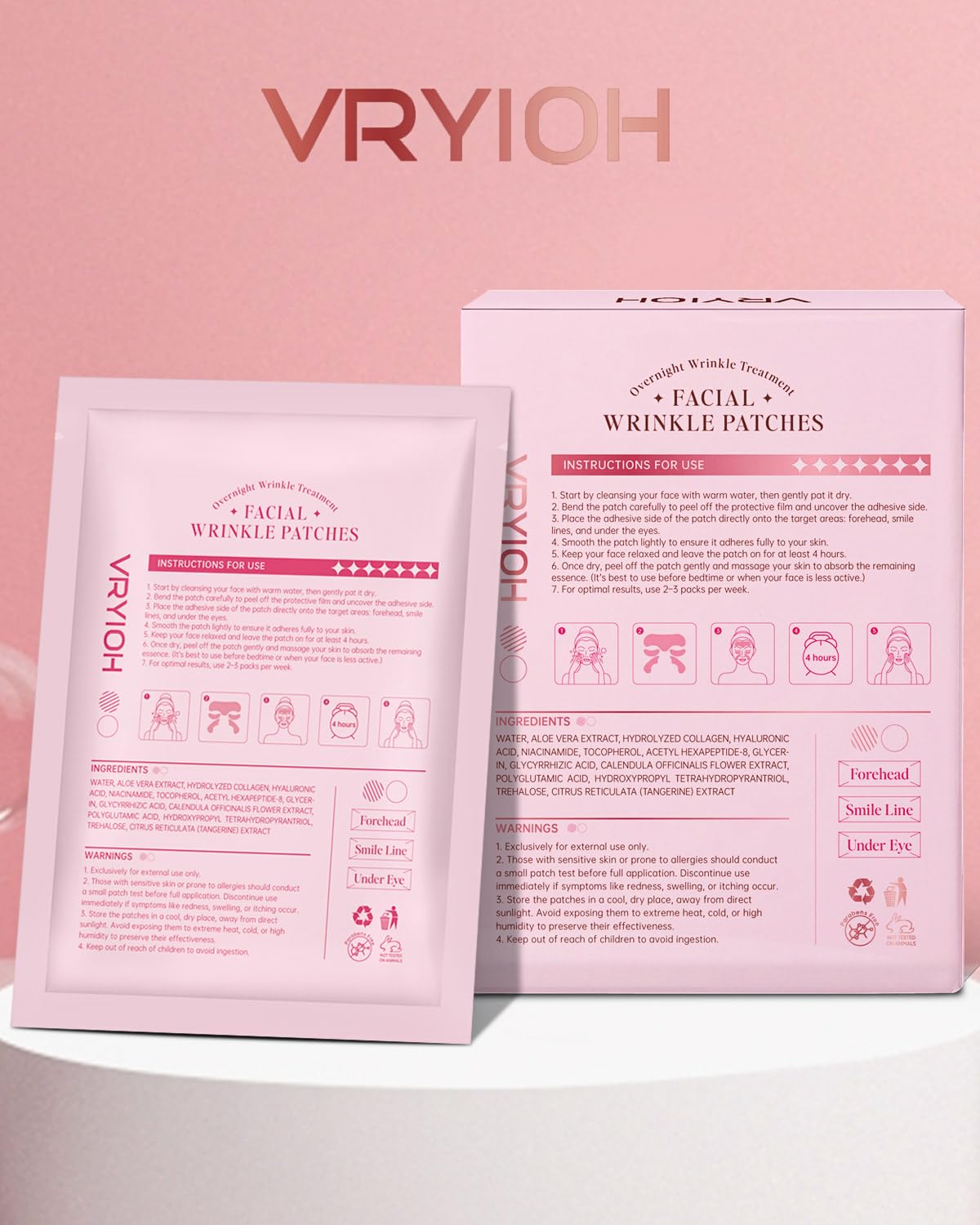 Vryioh 3-in-1 Wrinkle Patches for Forehead, Smile Lines & Under Eyes, Overnight Treatment with Hyaluronic Acid & Collagen, 60 Pcs