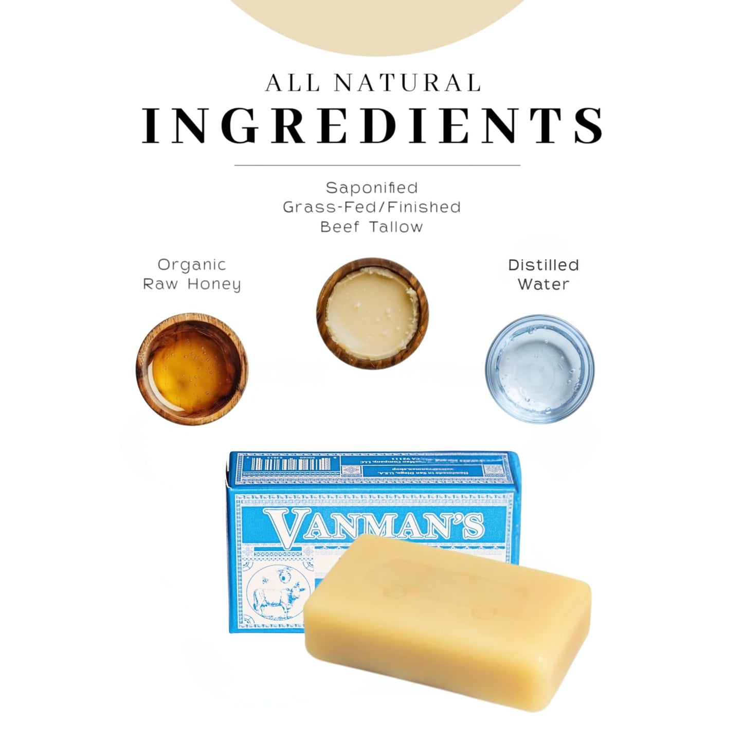 VanMan Beef Tallow & Honey Bar Soap – Grass-Fed Tallow with Raw Honey & Distilled Water, Unscented, Hydrating & Nourishing, 3.8oz