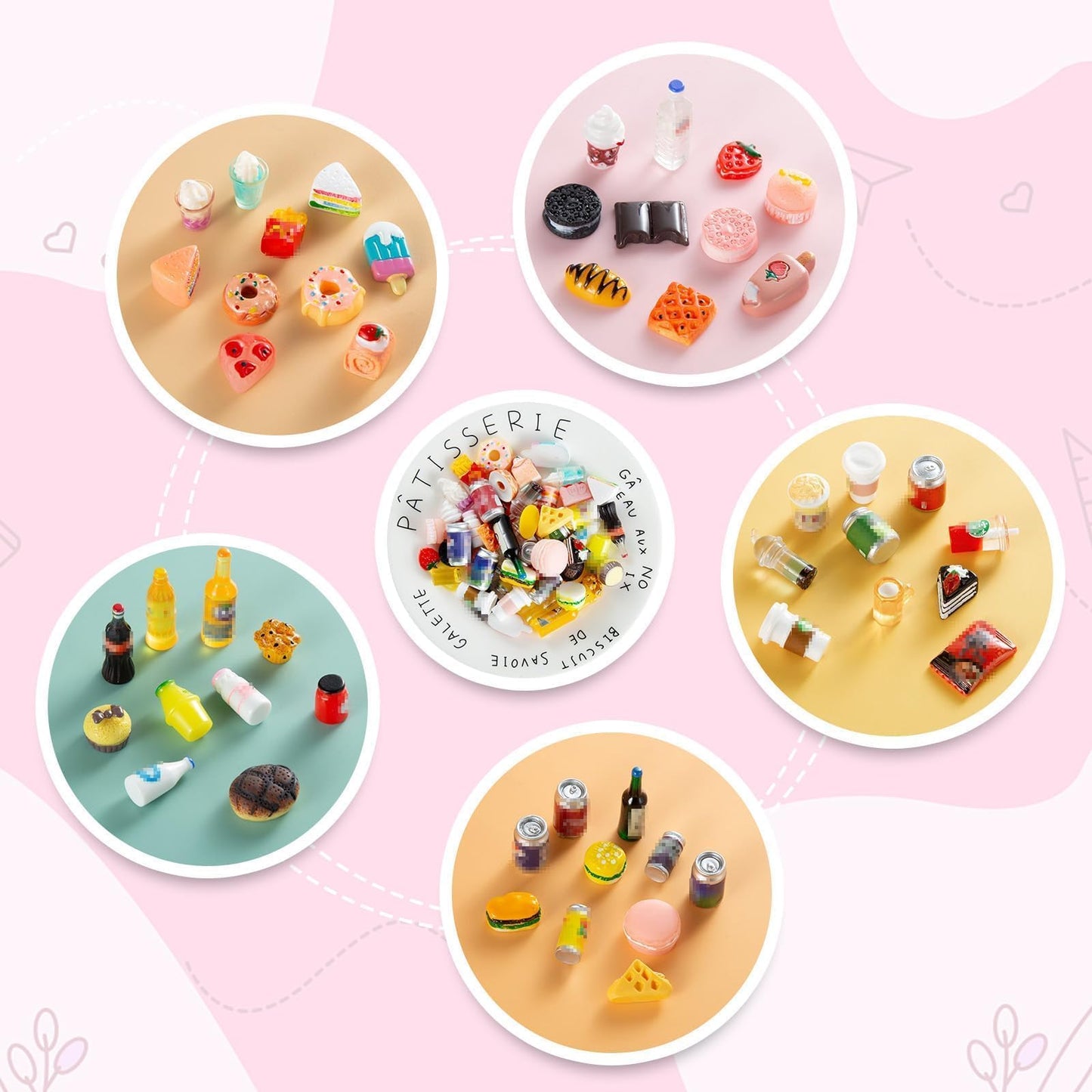 50 Pcs Miniature Food & Drink Bottles for 1/12 Dollhouse – Soda, Snacks, Cake, Ice Cream, Pretend Play Kitchen Toys (25 Food + 25 Drink)