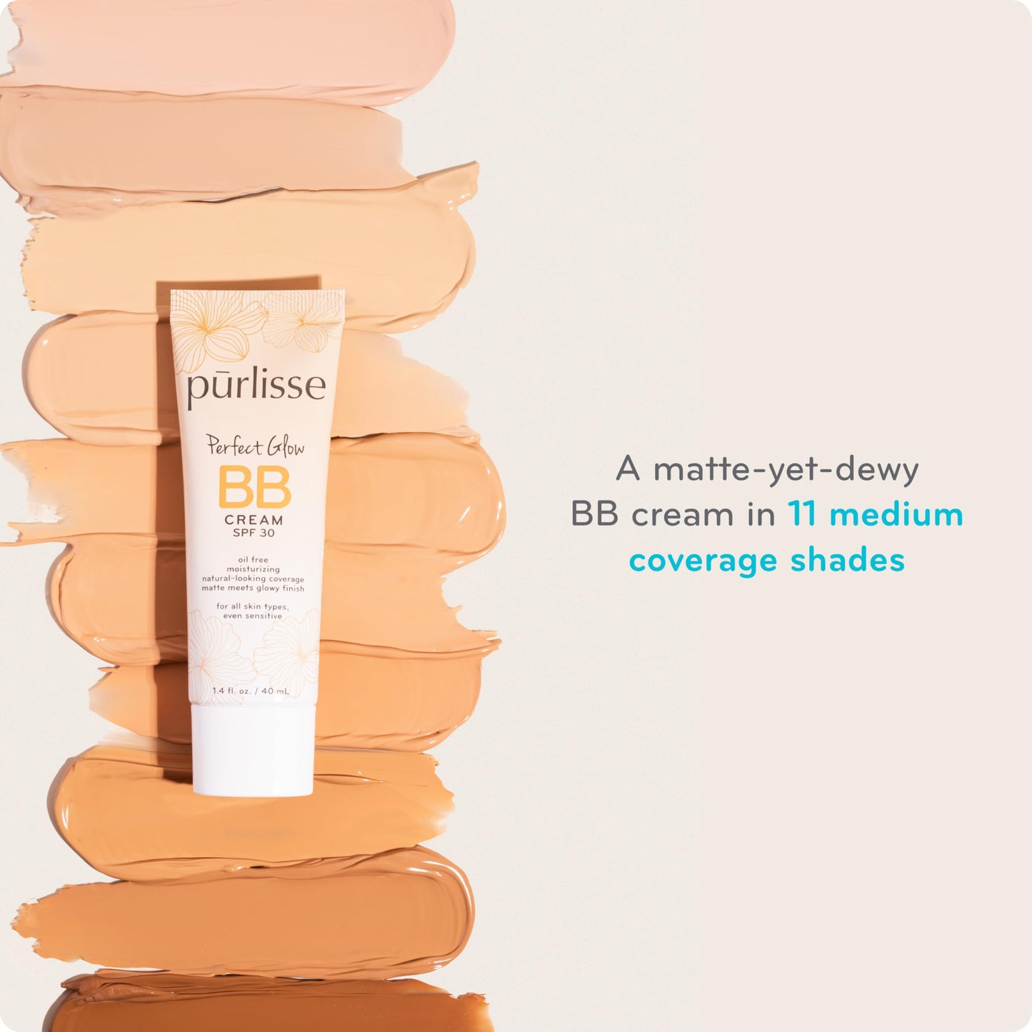 pūrlisse Perfect Glow BB Cream SPF 30 – Matte-Dewy Finish with Goji & Hawthorn Berry for Radiance & Smooth Skin, Light 1.4 oz