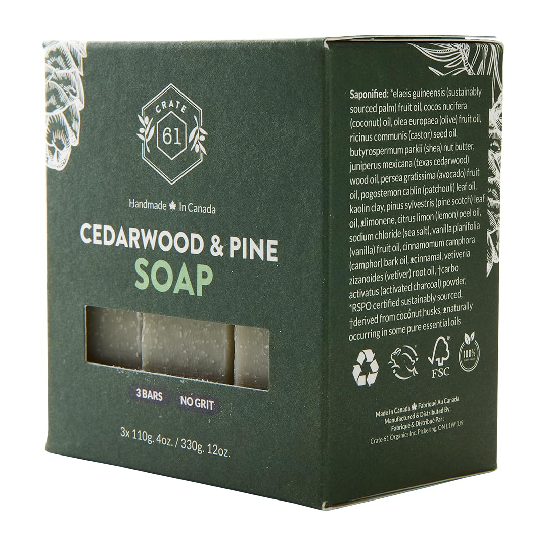 Crate 61 Organics Handmade Canadian Plant-Based Bar Soap 3-Pack, Cedarwood Pine, Natural Cold Process, Face & Body, Men & Women