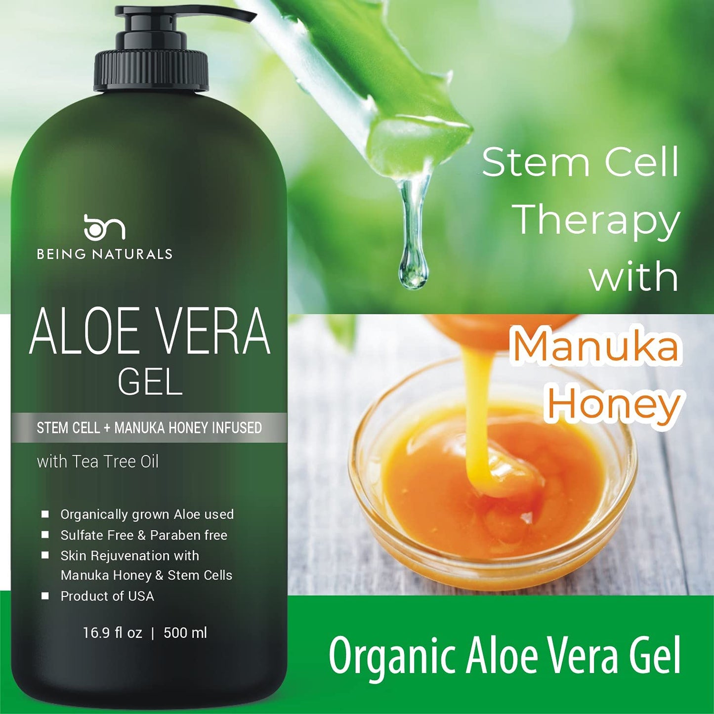 100% Pure Organic Aloe Vera Gel with Manuka Honey, Tea Tree & Stem Cells – Natural Moisturizer for Face, Body, Hair, Sunburn & Acne, 16.9 fl oz