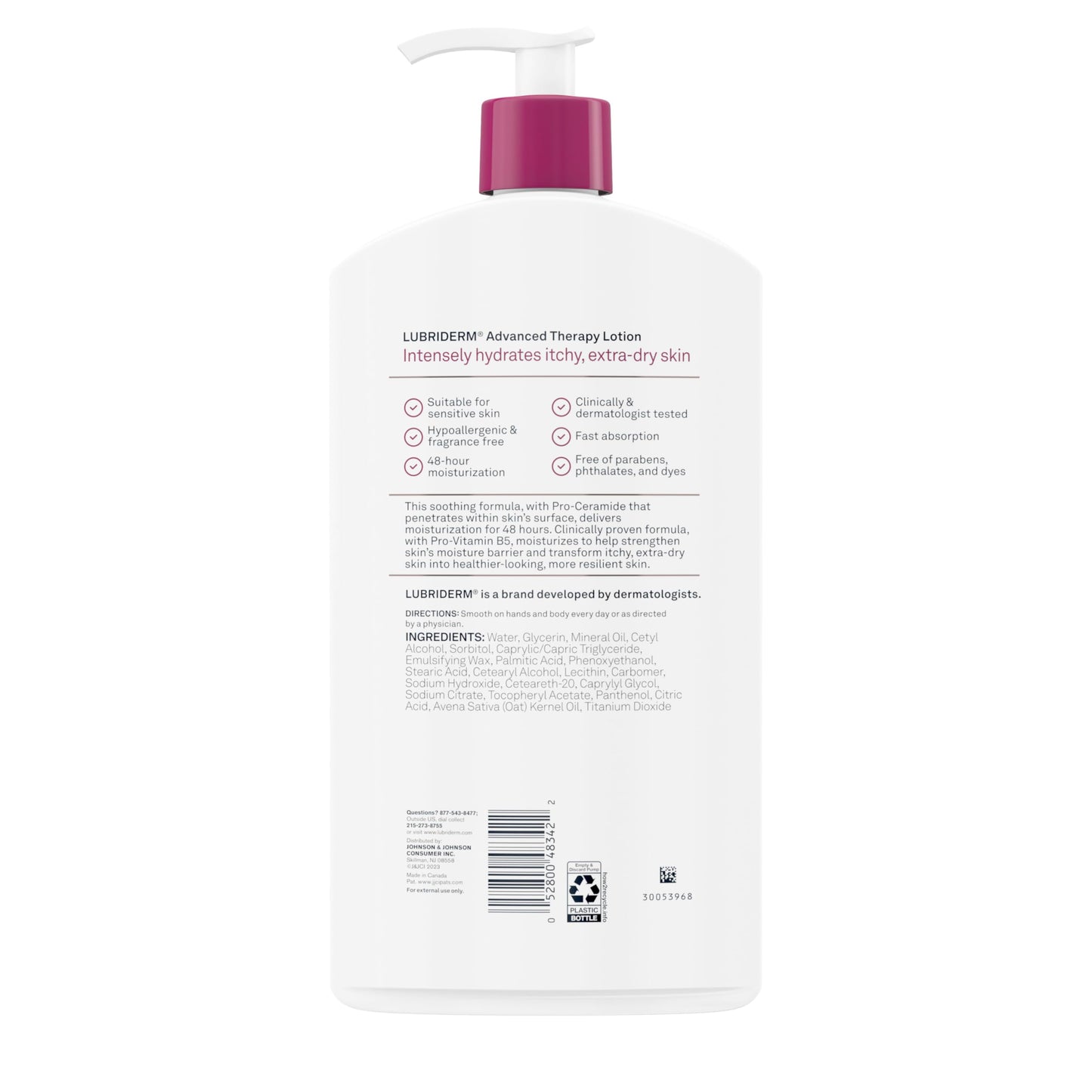 Lubriderm Advanced Therapy Fragrance-Free Hand & Body Lotion with Pro-Ceramide, Intense Hydration for Dry, Sensitive Skin, 32oz