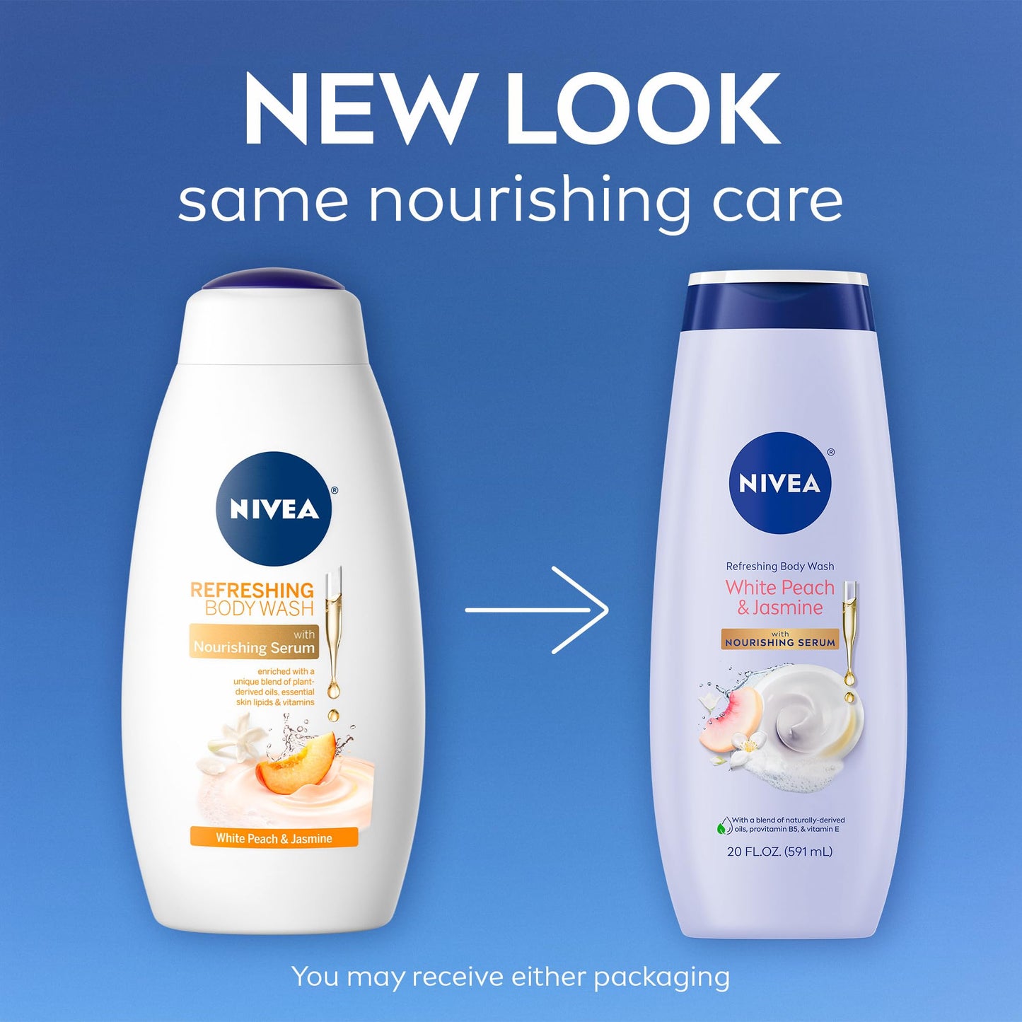 NIVEA Refreshing White Peach & Jasmine Body Wash – Scented with Nourishing Serum, Provitamin B5 & Vitamin E, 20 Fl Oz for Women
