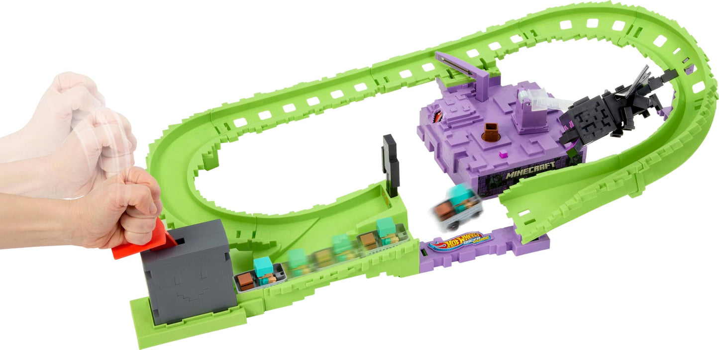 Hot Wheels Toy Car Track Set, RacerVerse Minecraft Playset & Die-Cast Diamond Armor Steve in Minecart Vehicle, Launch & Race to Defeat Ender Dragon