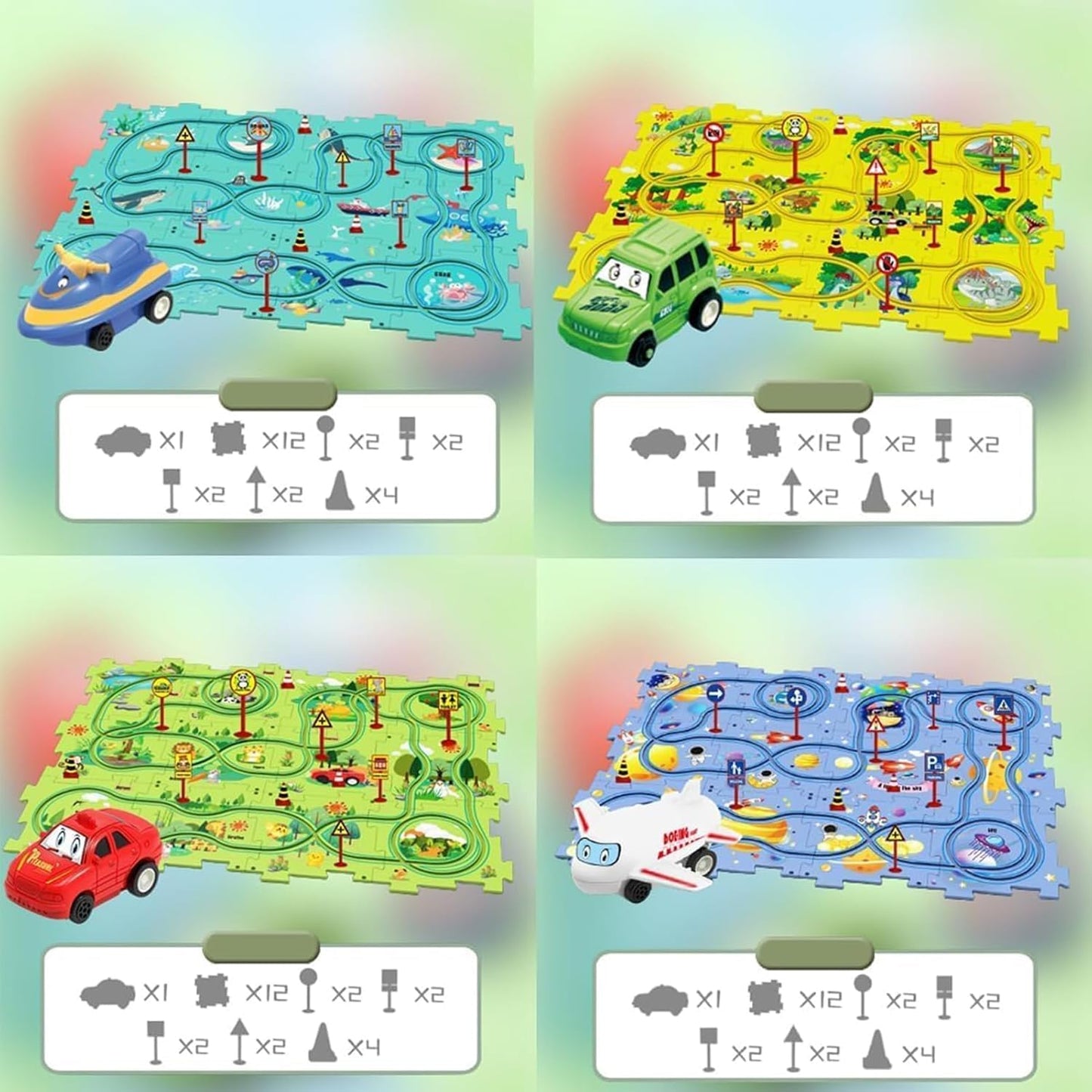 4-in-1 Puzzle Racer Car Track Set for Kids – 4 Themed Jigsaw Tracks, Puzzle Raceway, Preschool Toy Gift for Boys & Girls