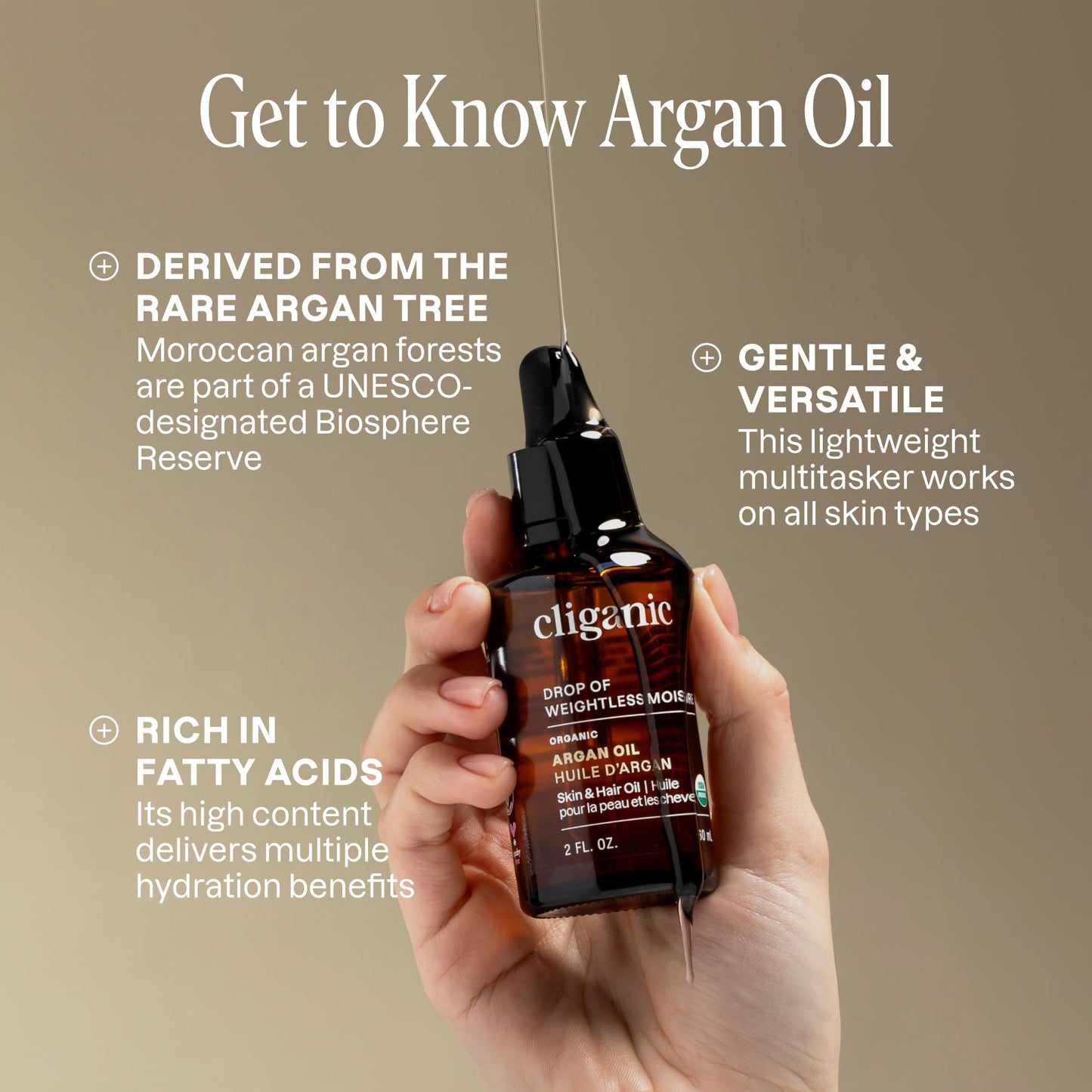 Cliganic Organic Argan Oil, 100% Pure - for Hair, Face & Skin | Cold Pressed Carrier Oil