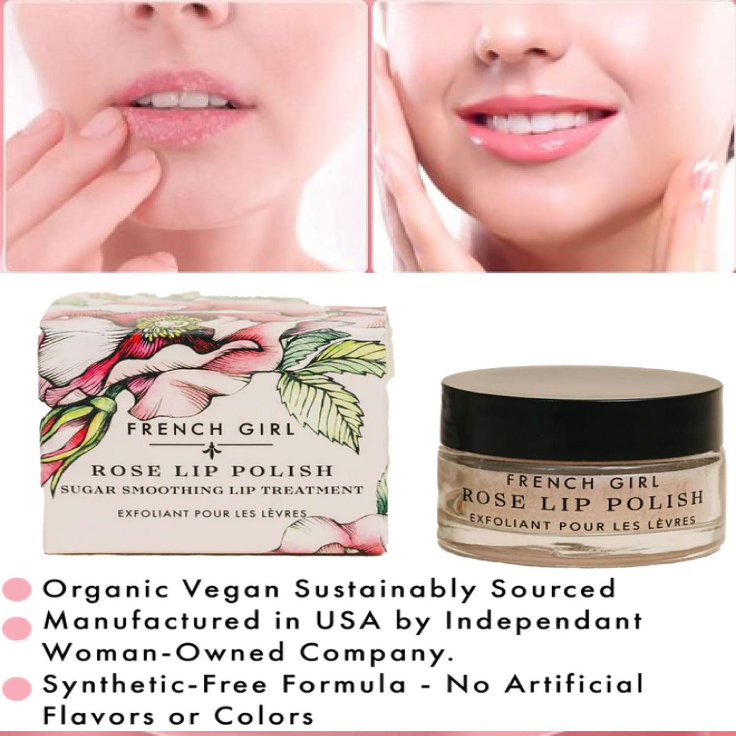 French Girl Rose Lip Scrub, Organic Hydrating Lip Exfoliator & Moisturizer with Shea Butter & Essential Oils, Vegan & Cruelty-Free, 1oz