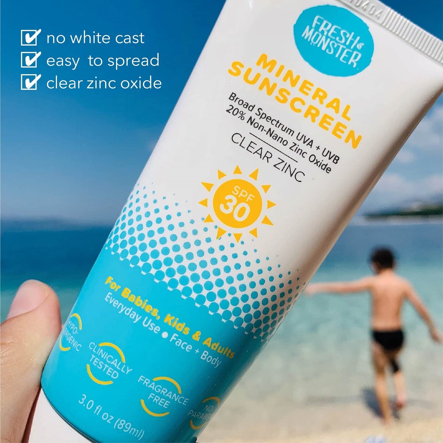 Fresh Monster Daily Kids Sunscreen SPF 30 – Clear Mineral Zinc Oxide, Face & Body, Reef Safe, Hypoallergenic, UVA/UVB Protection