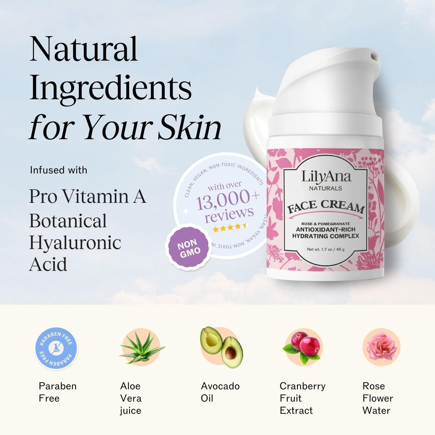 LilyAna Naturals Face & Neck Moisturizer Cream for Dry Skin & Dark Spot Brightening with Rose & Pomegranate Extracts, 1.7oz