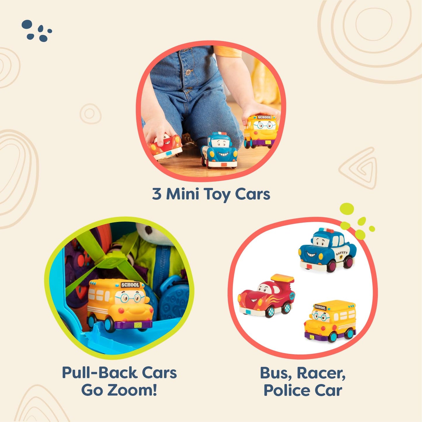 B. toys – Mini Wheeee – ls! – 3 Pieces Mini Pull – Back Vehicles Set, Bus & Cars, Multi, Hot Rod, School Bus, Police Car – 1 year +