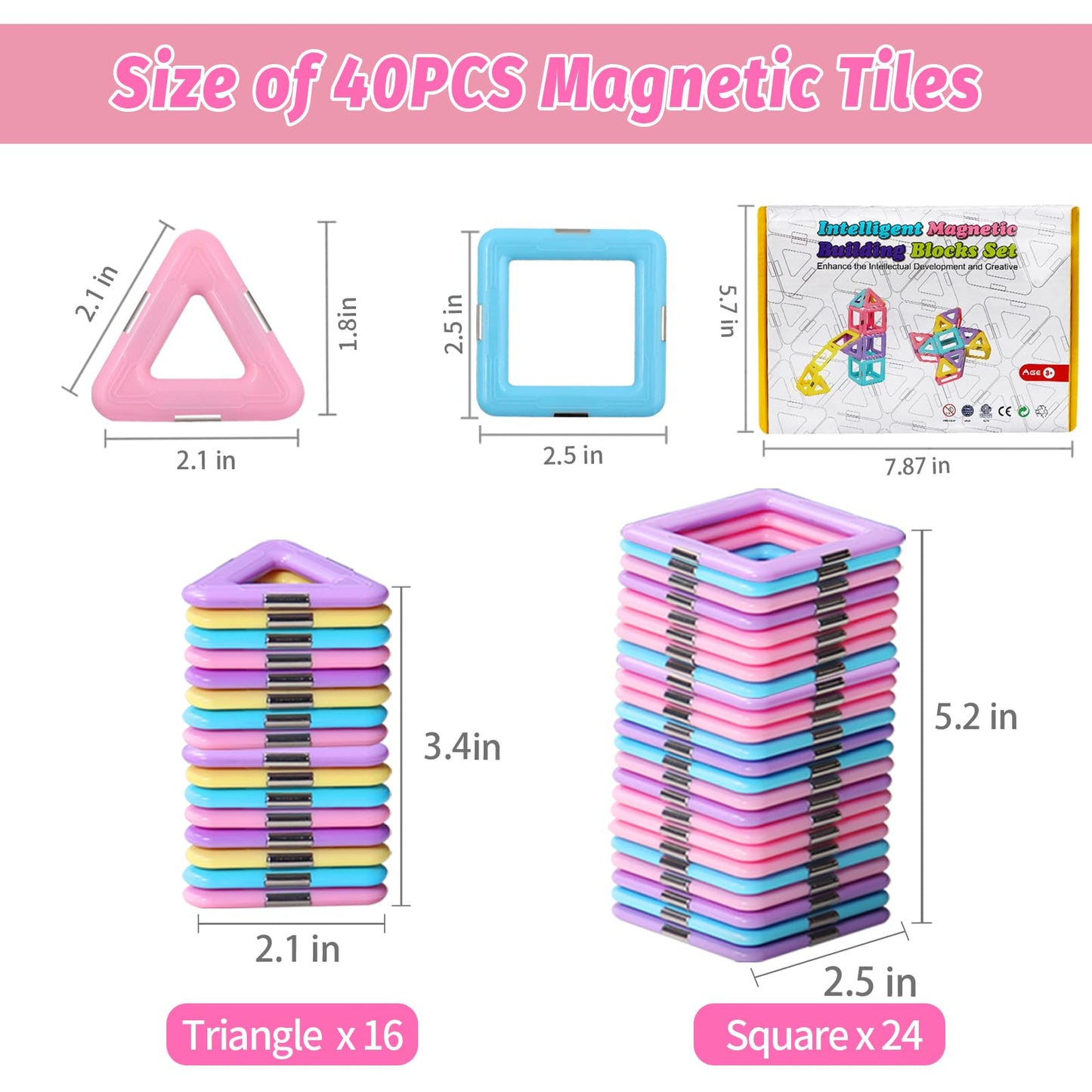 Magnetic Tiles Building Set for Kids 3-8+, STEM Castle Blocks, Macaron Colors, Creative Educational Toys, Birthday & Christmas Gift