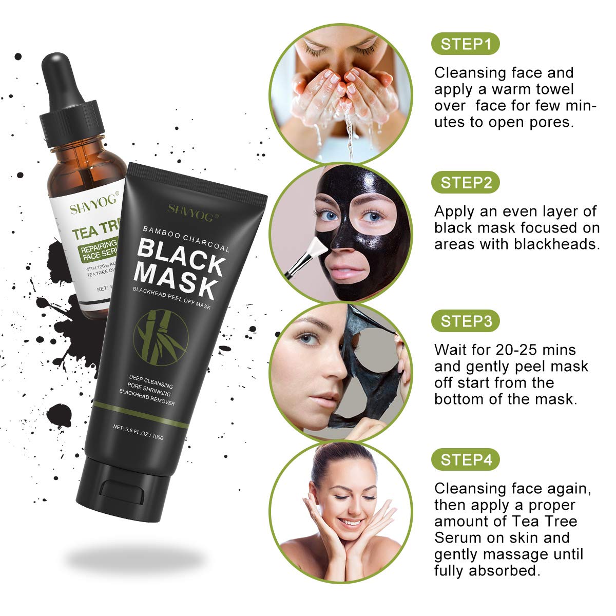 SHVYOG Blackhead Peel Off Mask 3-in-1 with Brush & Tea Tree Oil Serum, Charcoal Deep Cleansing for Pores, Oil & Dirt, 100g+30ml