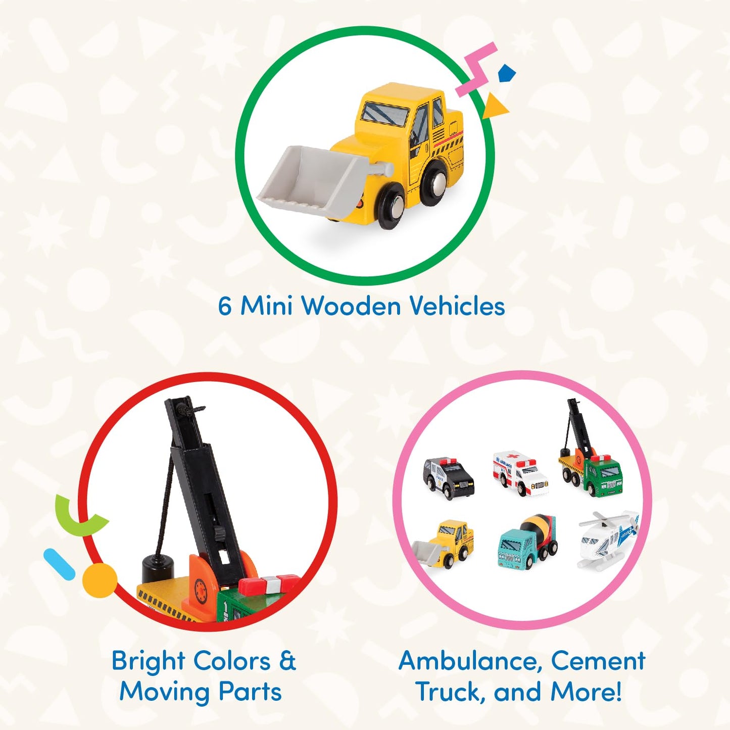 Battat – Miniature Toy Cars – 6 Wooden Minis – Classic Wooden Toys – Mini Ambulance, Cement Truck – 3 Years + – Wooden Vehicles - Set 1