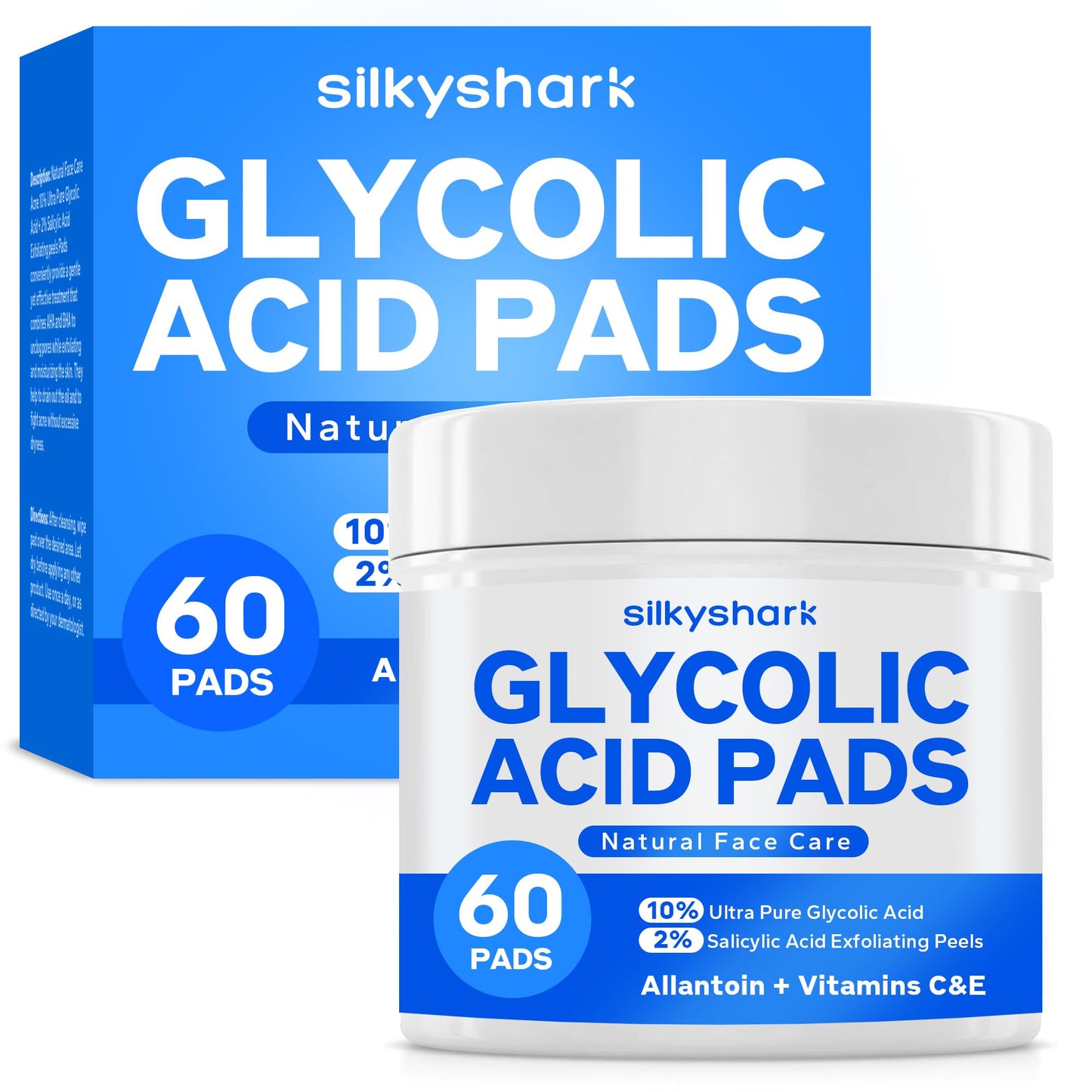 SilkyShark Glycolic Acid Resurfacing Pads, 60 Count – 10% Glycolic + 2% Salicylic Acid Exfoliating Peel for Radiant Skin