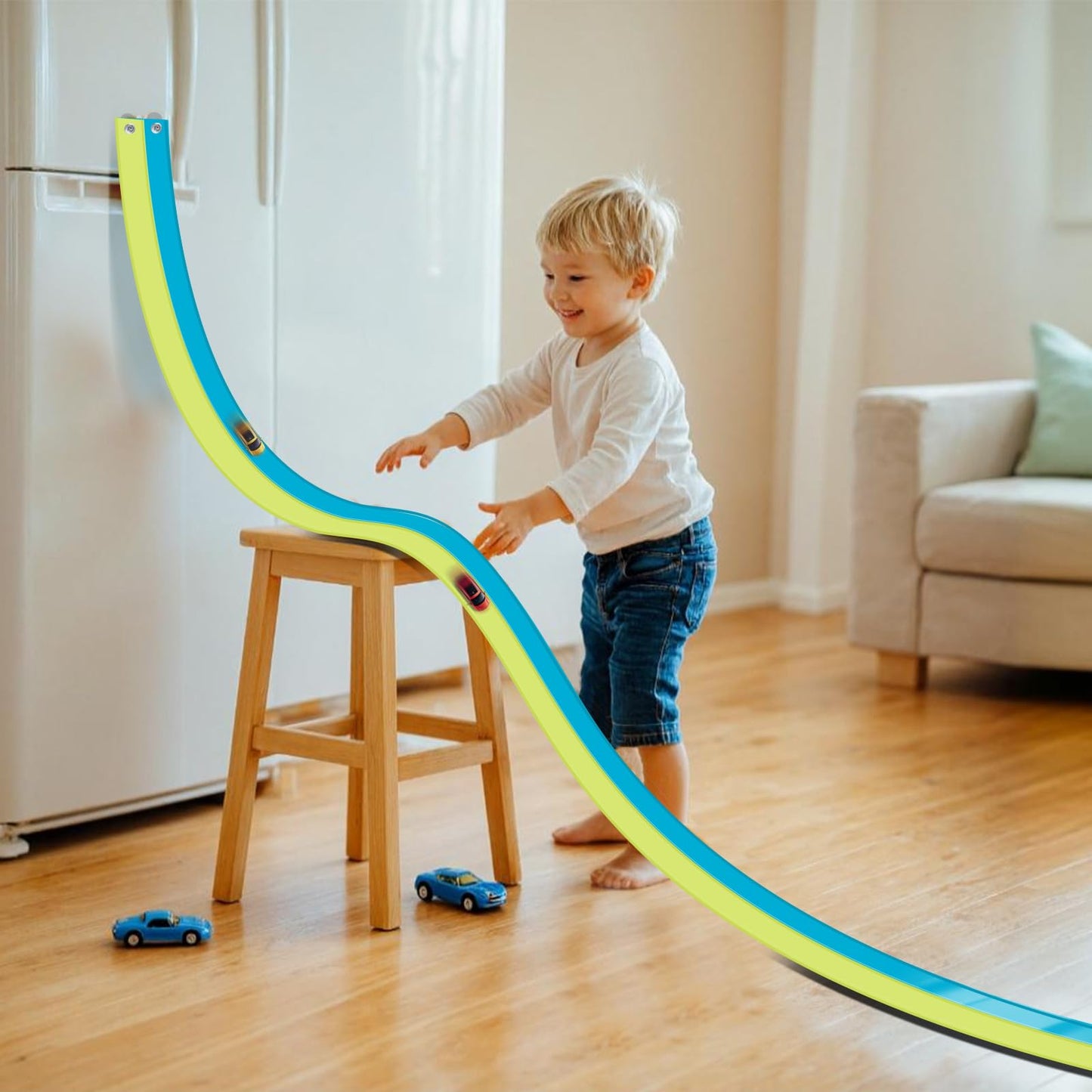 Flex Tracks 15ft Kids Starter Race Car Track Set with Suction Cups, Flexible Ramp for 1:64 Diecast Cars, Ages 3+, Green & Blue