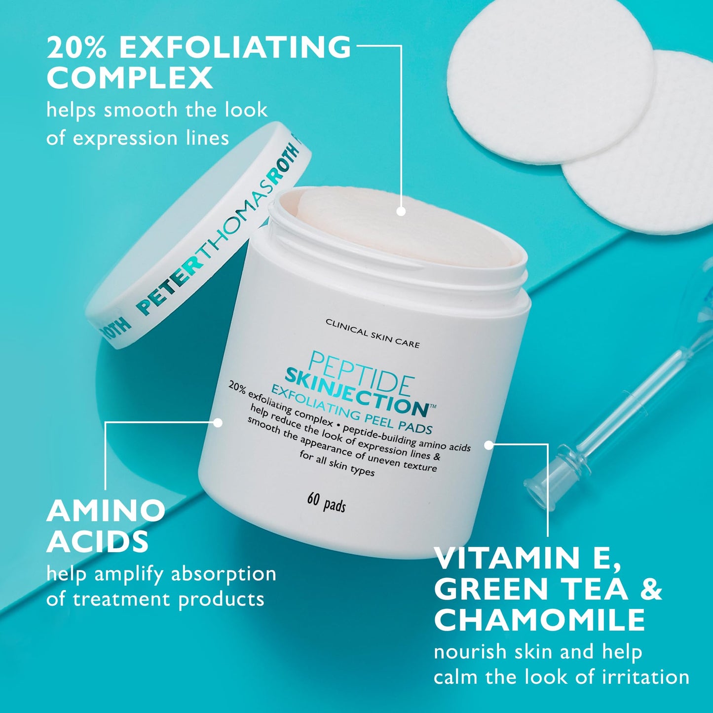 Peter Thomas Roth Peptide Skinjection™ Exfoliating Peel Pads – Smooth Wrinkles & Expression Lines, Fragrance-Free, Alcohol-Free