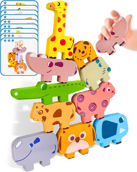 Cowcowcow Montessori Wooden Toys for Toddlers 1-4, 10-Pc Animal Blocks Sorting & Stacking Educational Puzzle, Birthday Gift
