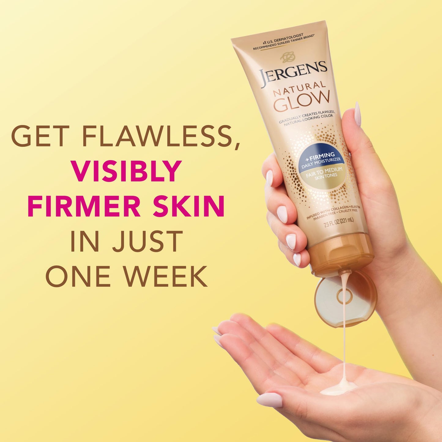 Jergens Natural Glow + Firming Self-Tanner Lotion for Fair to Medium Skin – Sunless Moisturizer with Collagen & Elastin, Reduces Cellulite, 7.5 Fl Oz