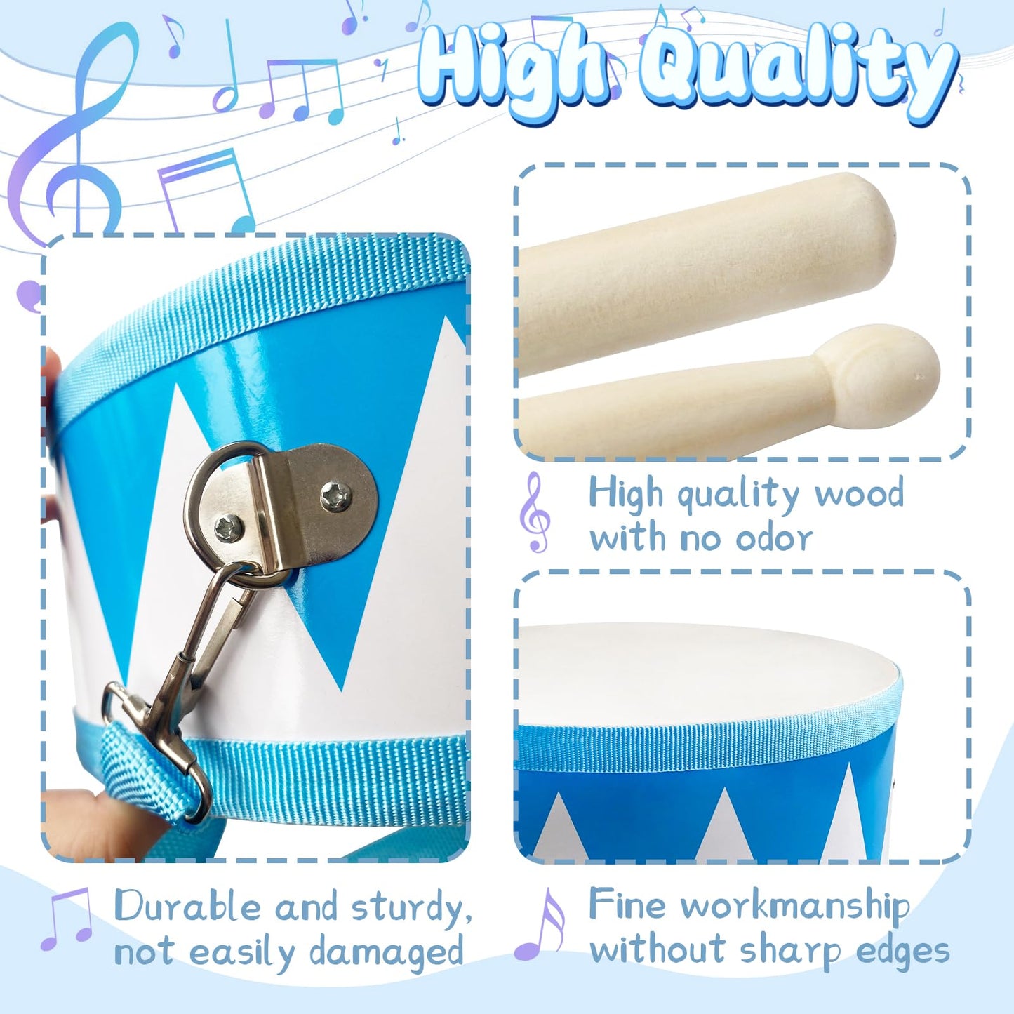 Kids 8" Wooden Drum Set with Adjustable Strap & 2 Drumsticks – Educational Musical Toy for Toddlers, Boys & Girls, Sensory Fun