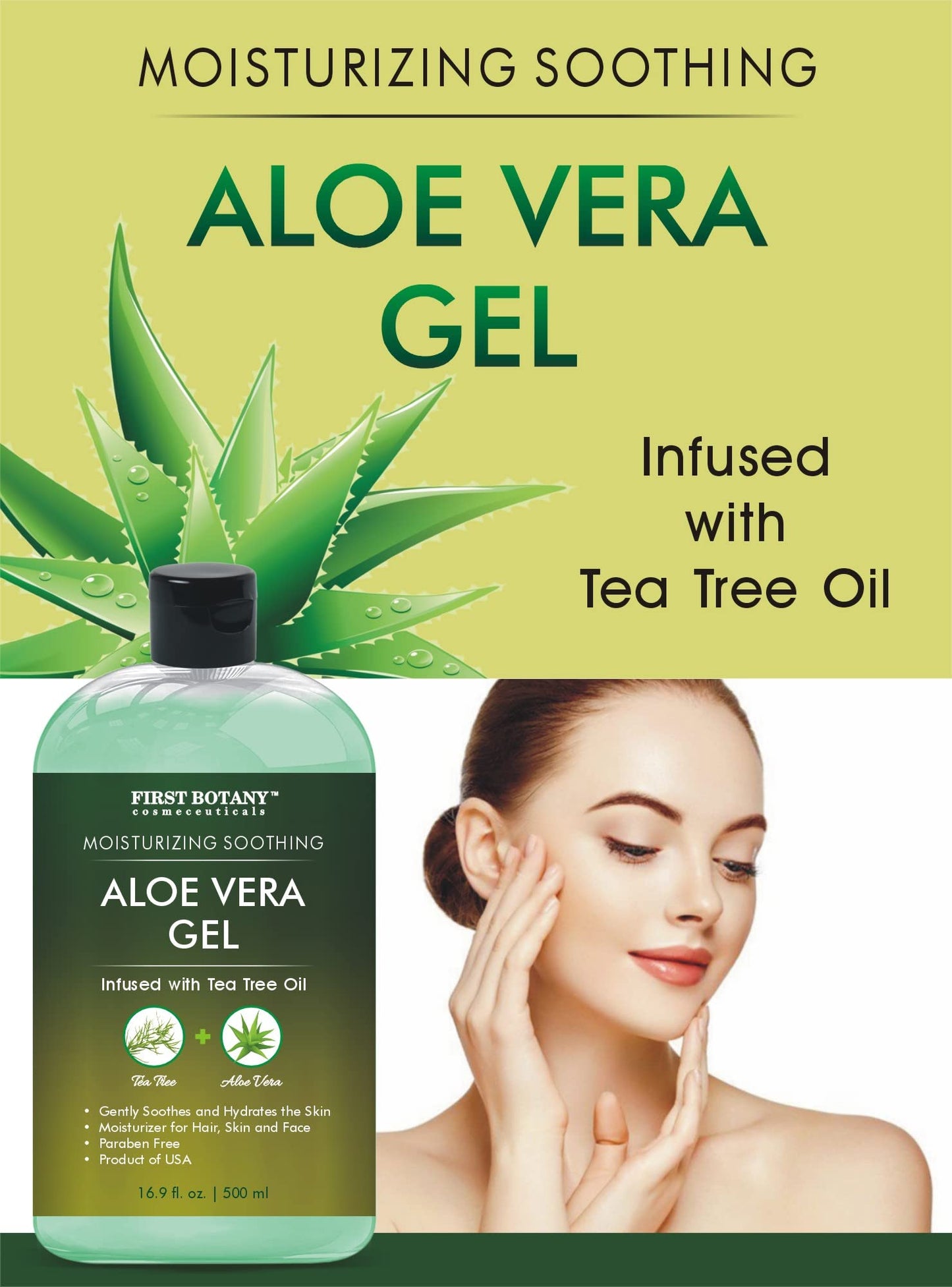 First Botany Aloe Vera Gel with Tea Tree Oil – 100% Pure Natural Moisturizer for Skin, Hair, Sunburn, Acne, Eczema & Hand Sanitizing – 16.9 fl oz