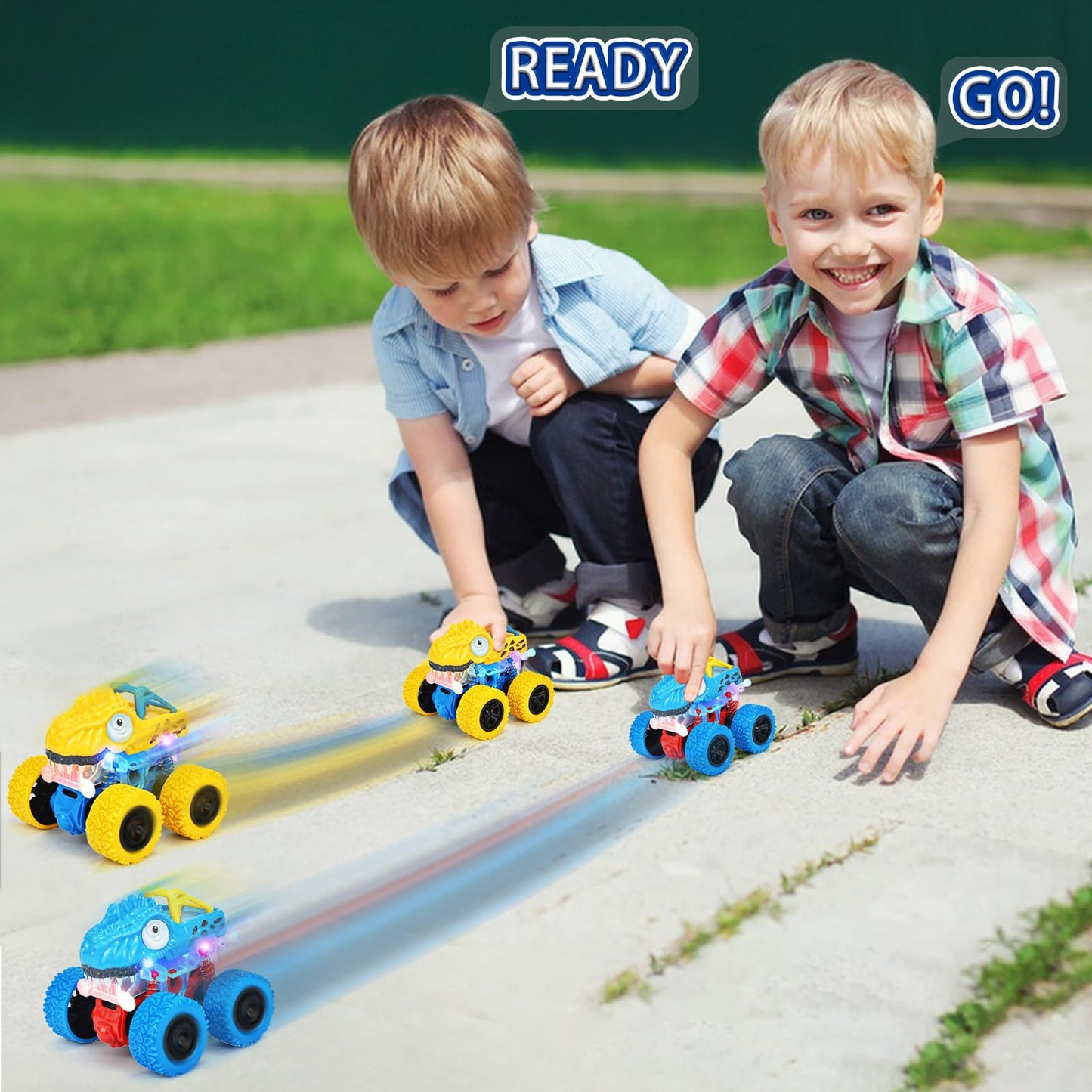 TQBYNJ Light-Up Dinosaur Monster Truck – Push & Go Friction Car Toy for Toddlers Boys & Girls Ages 2-6 – Birthday Easter Gift (Blue)