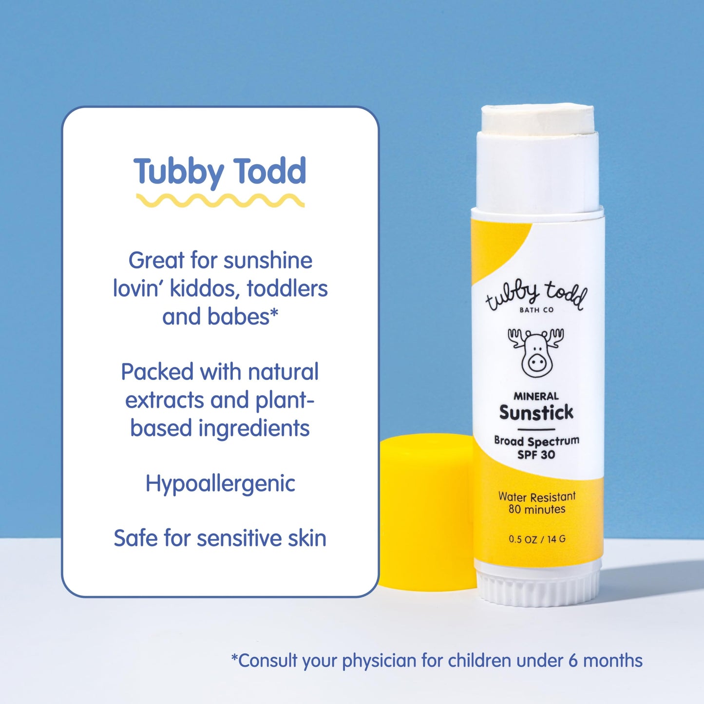 Tubby Todd Mineral Sunstick SPF 30 for Kids – Water-Resistant Broad Spectrum Sunscreen for Face & Body, Sensitive Skin Safe, 2-Pack 0.5 oz
