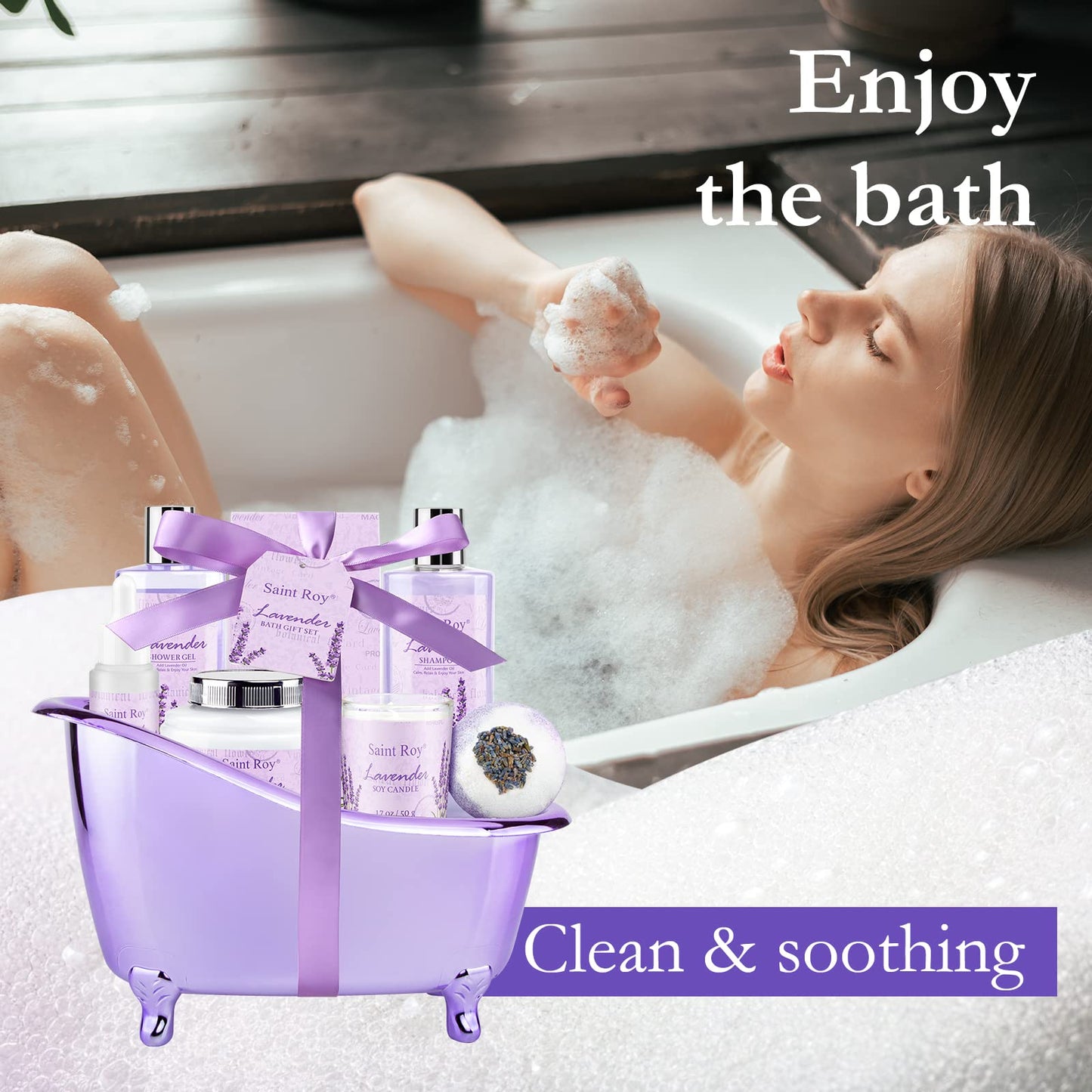 Lavender Spa Gift Basket for Women – Bath Set with Shower Gel, Home Spa Kit, Relaxing Gifts for Mom, Christmas & Mother's Day