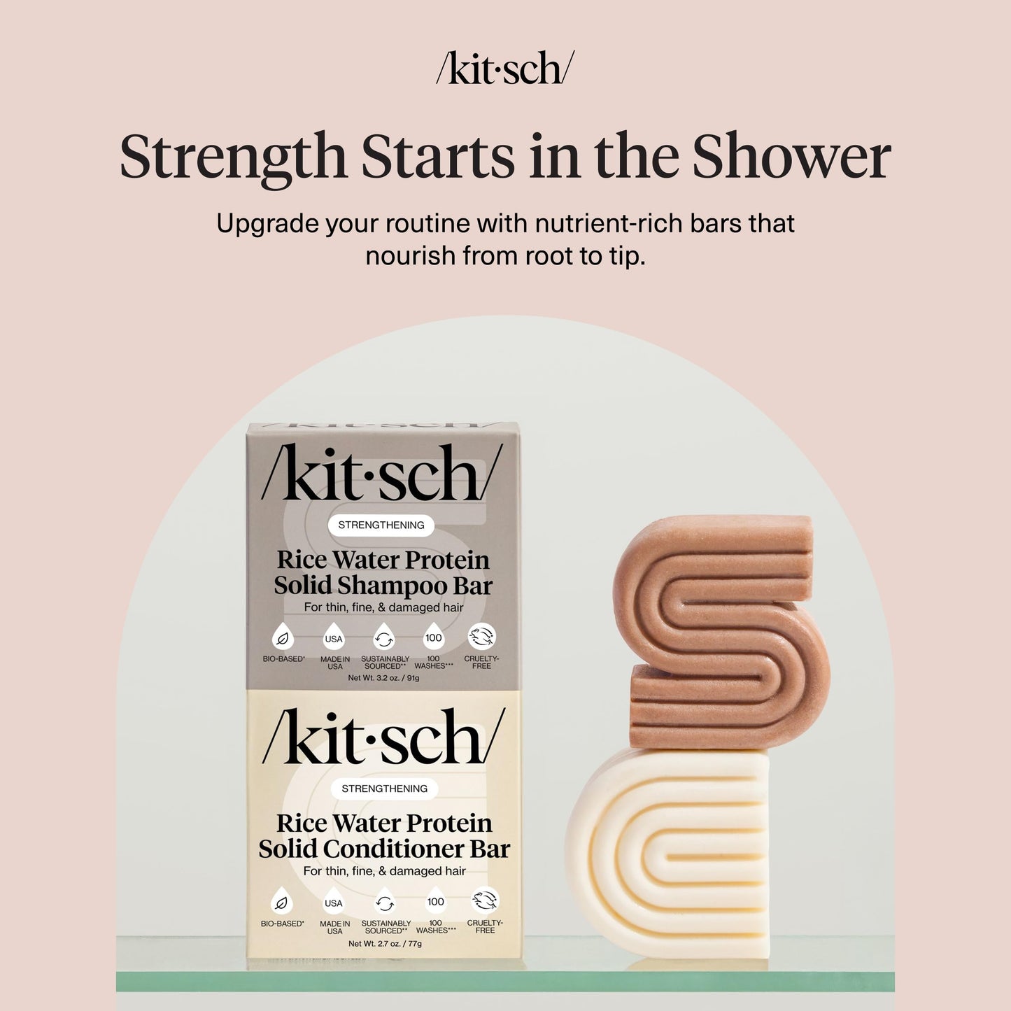 Kitsch Rice Water Protein Shampoo & Conditioner Bar Set – Strengthening Duo for Hair Growth & Damage Repair – Vitamin-Rich, Sulfate & Paraben Free, Made in USA