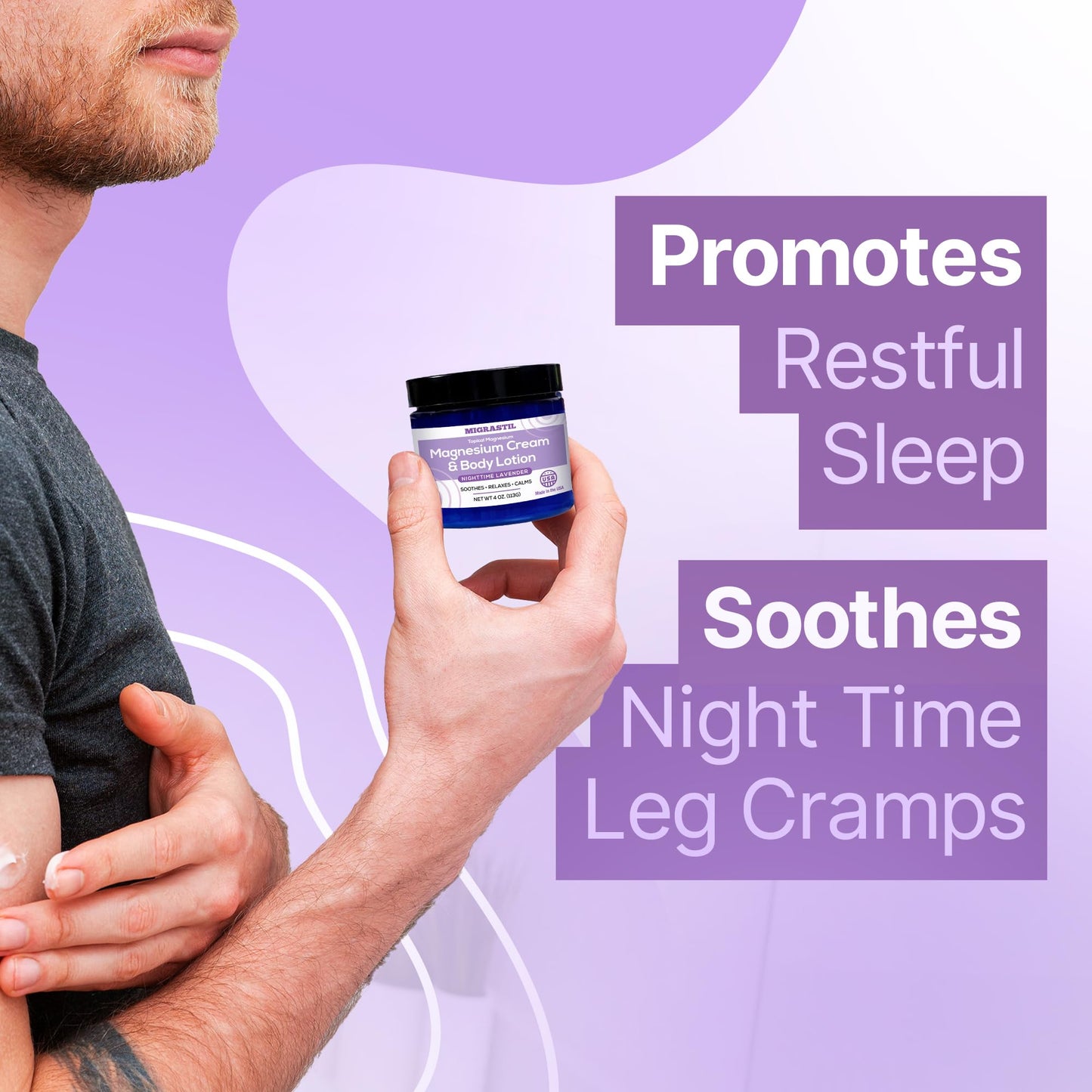 MIGRASTIL Nighttime Lavender Magnesium Cream & Non-Greasy Lotion, 250mg Extra Strength, Muscle Relief, Leg Cramps, Relaxation, Vegan USA