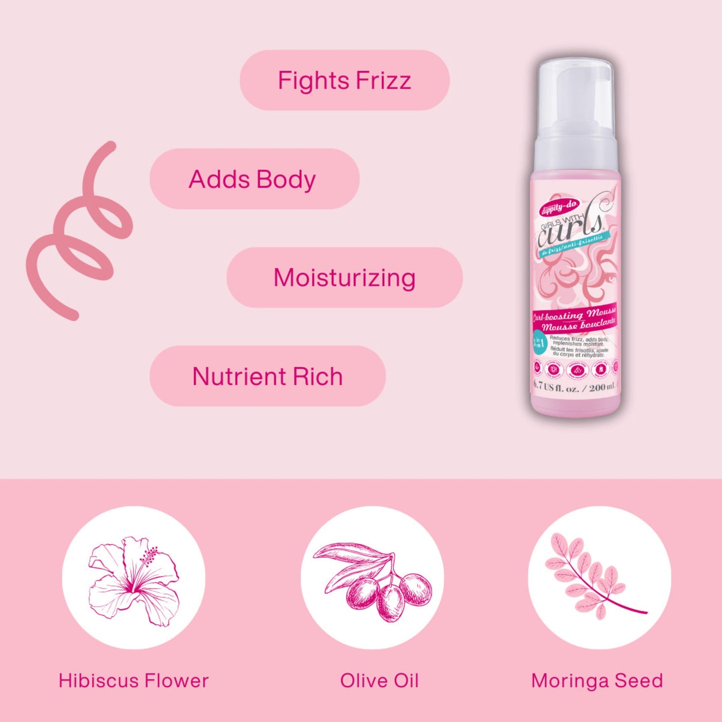 Dippity Do Girls With Curls Curl Enhancing Mousse, Light, 3-in-1 Defining Foaming Mousse for Curly Wavy Hair, Hibiscus, Olive Oil, Anti Frizz Bouncy Curls For Women, Air Dry, Alcohol Free, 6.7 Fl Oz