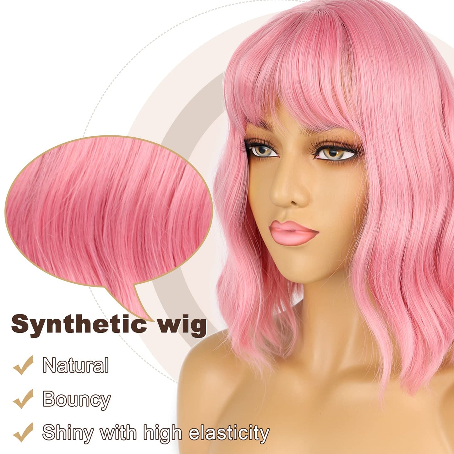 LANCAINI Pastel Pink Bob Wig with Bangs for Women – Wavy Shoulder-Length Synthetic Cosplay Wig, Soft Loose Waves, Colorful Costume Hair