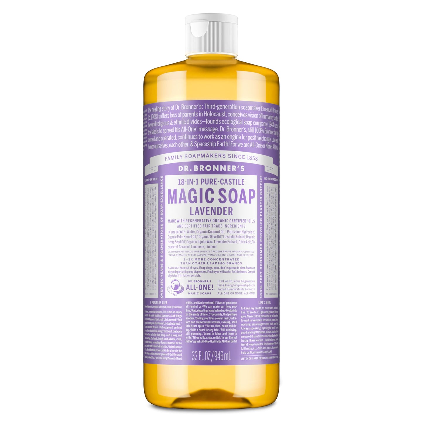 Dr. Bronner’s Pure-Castile Liquid Soap, Lavender 32oz – All-Natural, Regenerative Organic Oils, 18-in-1 Face, Body, Hand & Hair Wash
