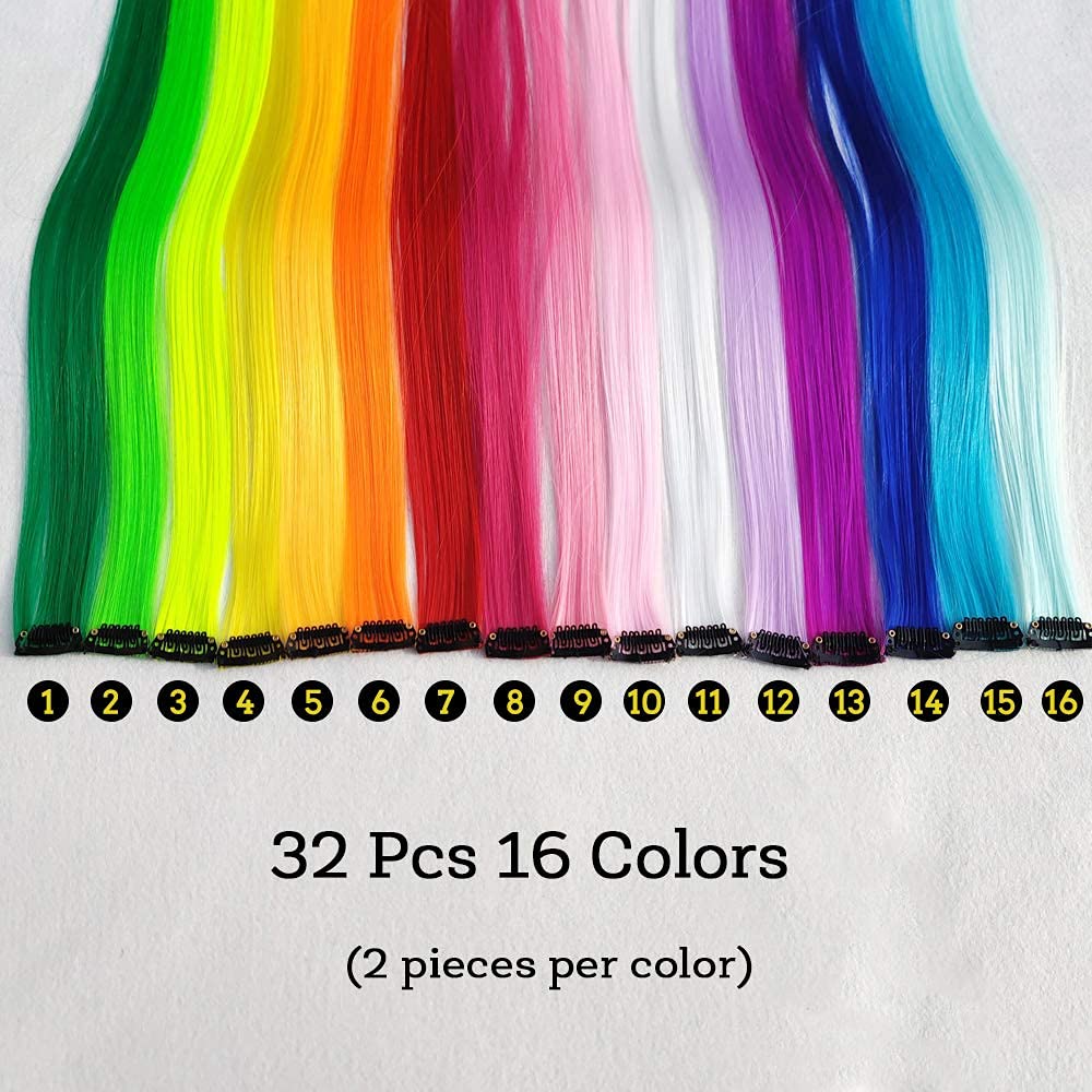 KGBFASS 32 Pack Colored Hair Extensions 20" – Rainbow Clip-In Synthetic Highlights for Girls, 16 Vibrant Colors, Straight Party Hair Pieces