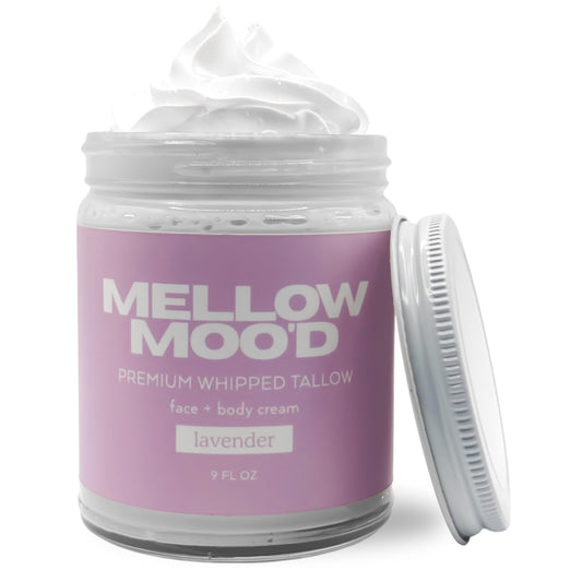 Mellow Moo'd Whipped Grass-Fed Beef Tallow Cream, 9oz Lavender – Natural Face & Body Moisturizer, Sensitive Skin Body Butter, Made in USA