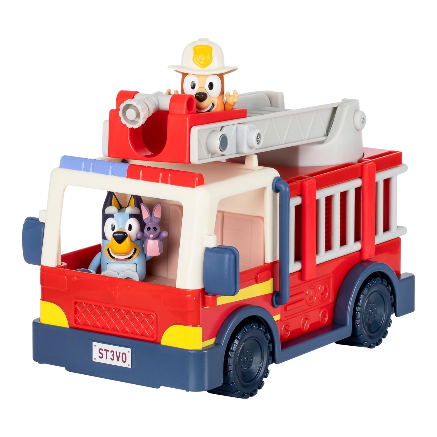 Bluey Firetruck Toy with Firefighter Bingo, Bob Bilby Figures | Extendable Ladder & Hose | Includes Stickers - Perfect for Kids Ages 3+
