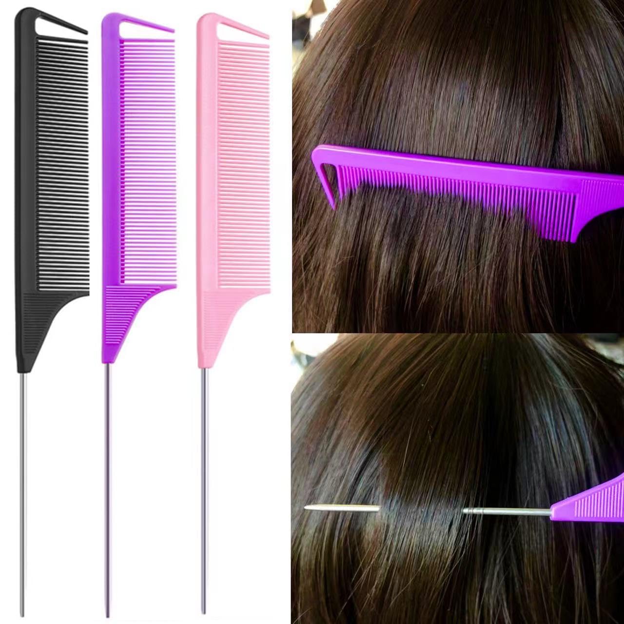 Luumxai 9pcs Topsy Hair Tail Tool & Rat Tail Comb Set with 6pcs French Braiding Rings & 3pcs Metal Parting Combs for Women & Girls (Pink, Purple, Black)