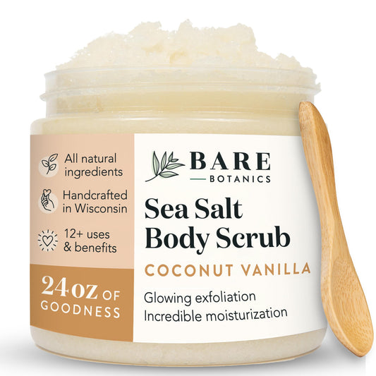 Bare Botanics Coconut Vanilla Body Scrub 24oz – All Natural Sea Salt Exfoliator, Vegan, Cruelty-Free, Moisturizing, Gift-Ready w/ Wooden Spoon