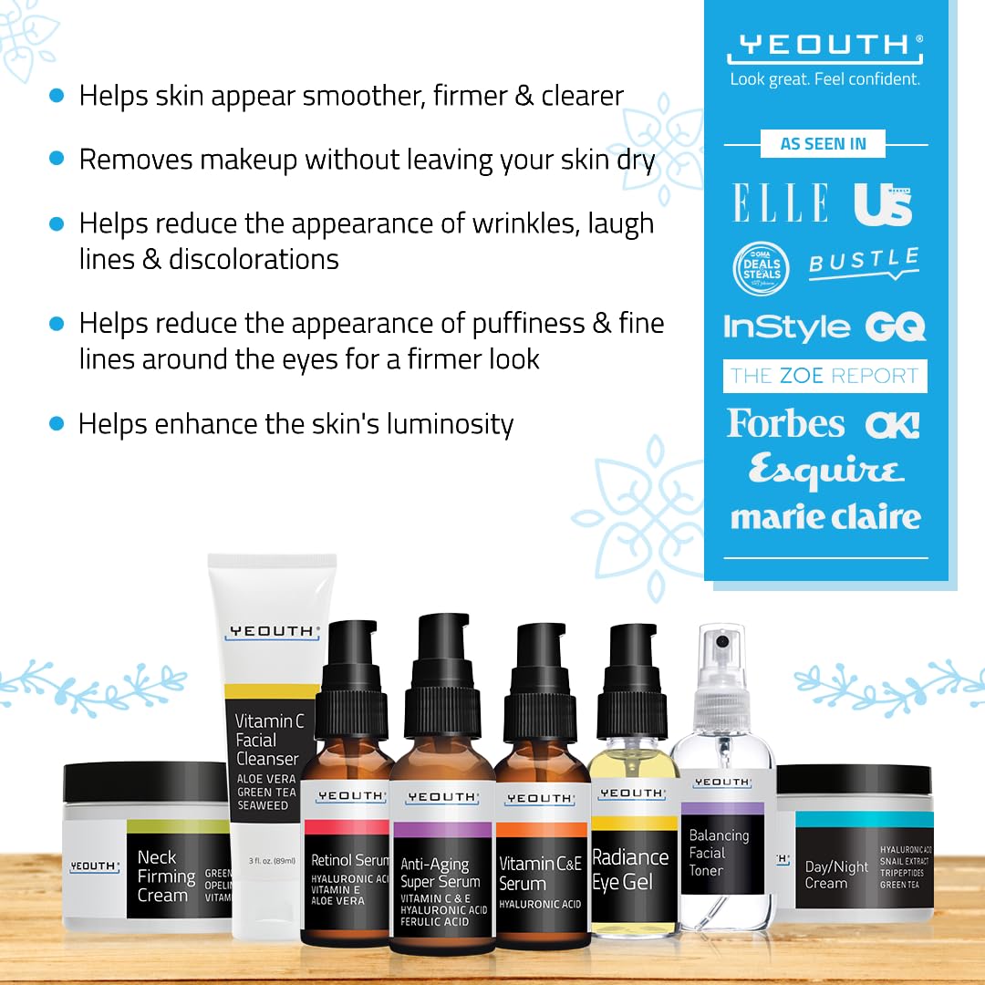 YEOUTH 8-Piece Skincare Set for Women – Retinol Serum, Hyaluronic Acid, Vitamin C, Cleanser, Toner, Eye Gel, Neck & Face Cream
