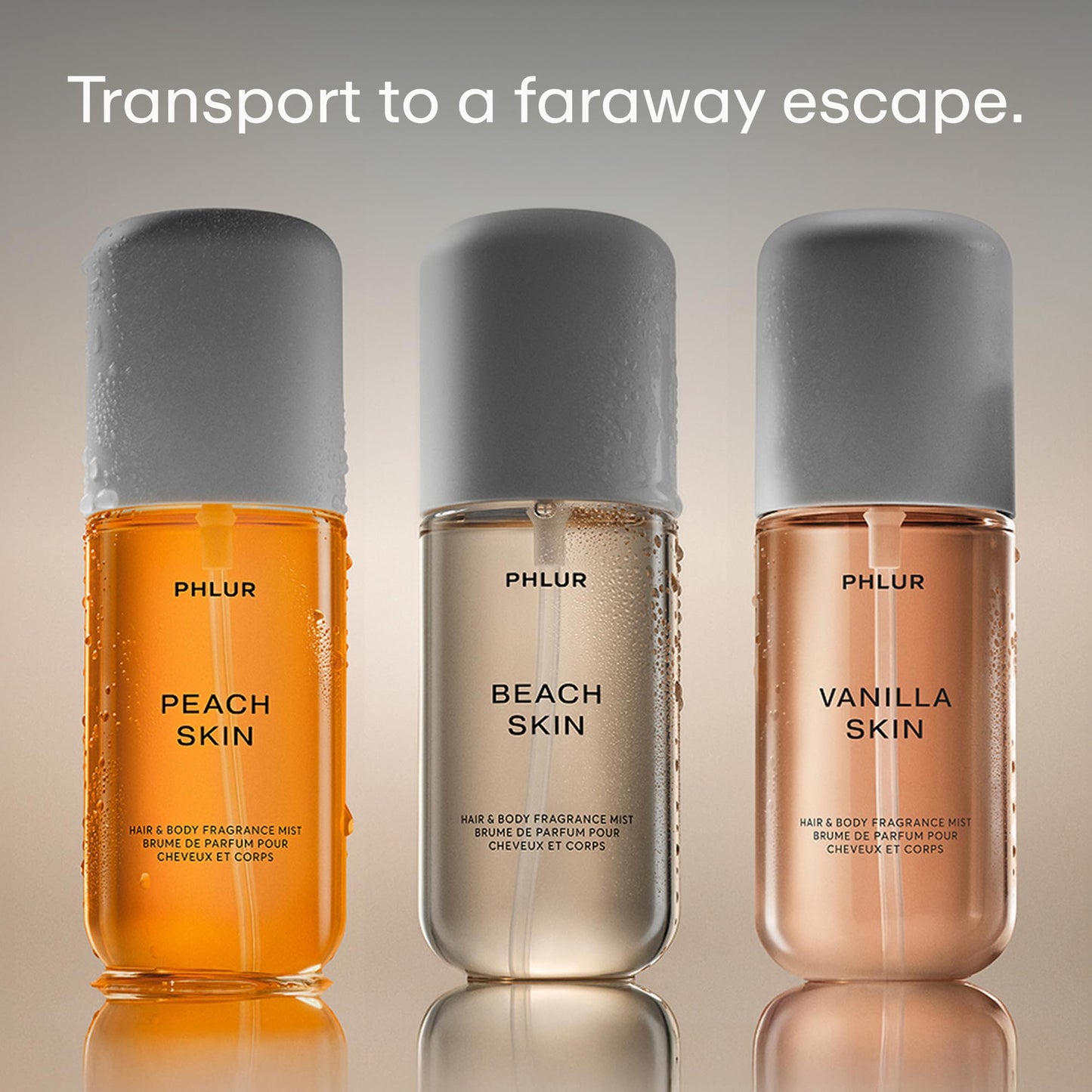 PHLUR Paradise Skin Travel Set – Body Mist Gift Trio with Peach Skin, Vanilla Skin & Beach Skin – Travel Size Hair & Body Fragrance (3 x 3 fl oz)