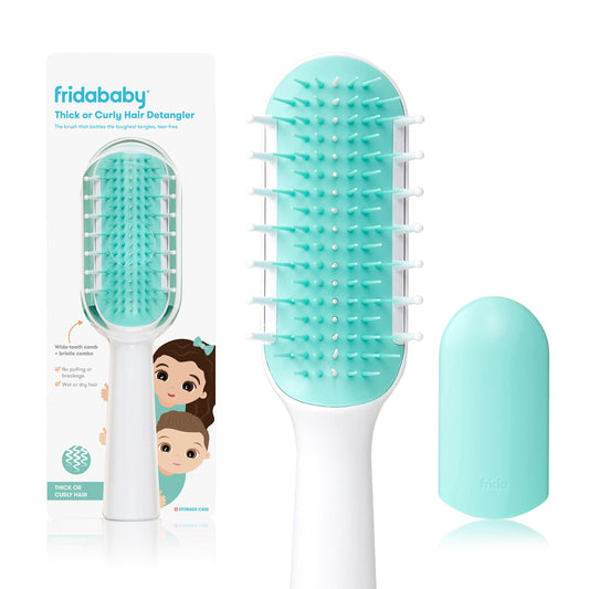 Frida Baby Thick & Curly Hair Detangler Brush for Kids & Toddlers – No-Tear Knot Remover with Comb Teeth & Bristle Design, White/Blue, 1 Ct