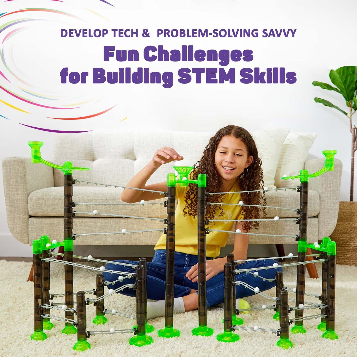 Marble Genius Marble Rails Extreme Set, 625-Piece Marble Run for Kids 8+, STEM, 55 Marbles, 80 Rails, 20 Bases, Full-Color Instructions