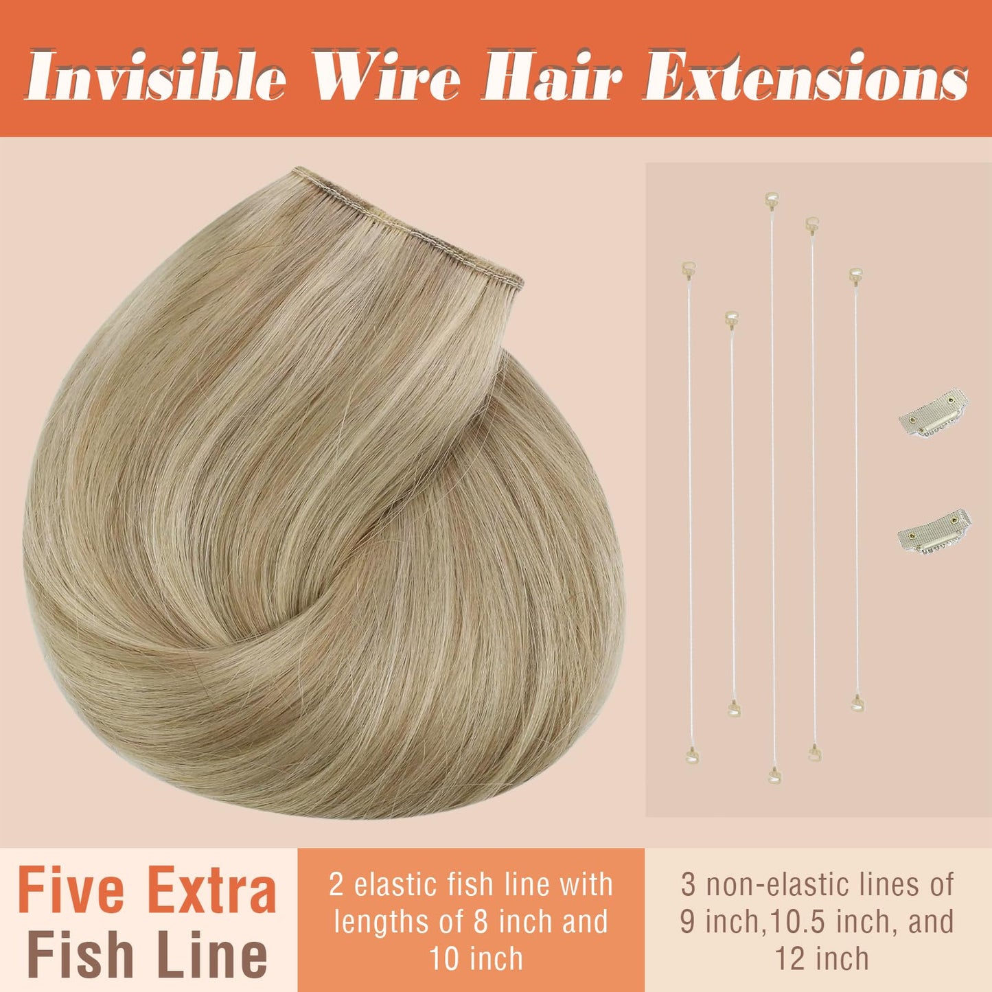 Sunny Hair Invisible Wire Human Hair Extensions – Real Fish Line Extensions Golden Blonde with Medium Blonde Highlights #16/22, 18 Inch
